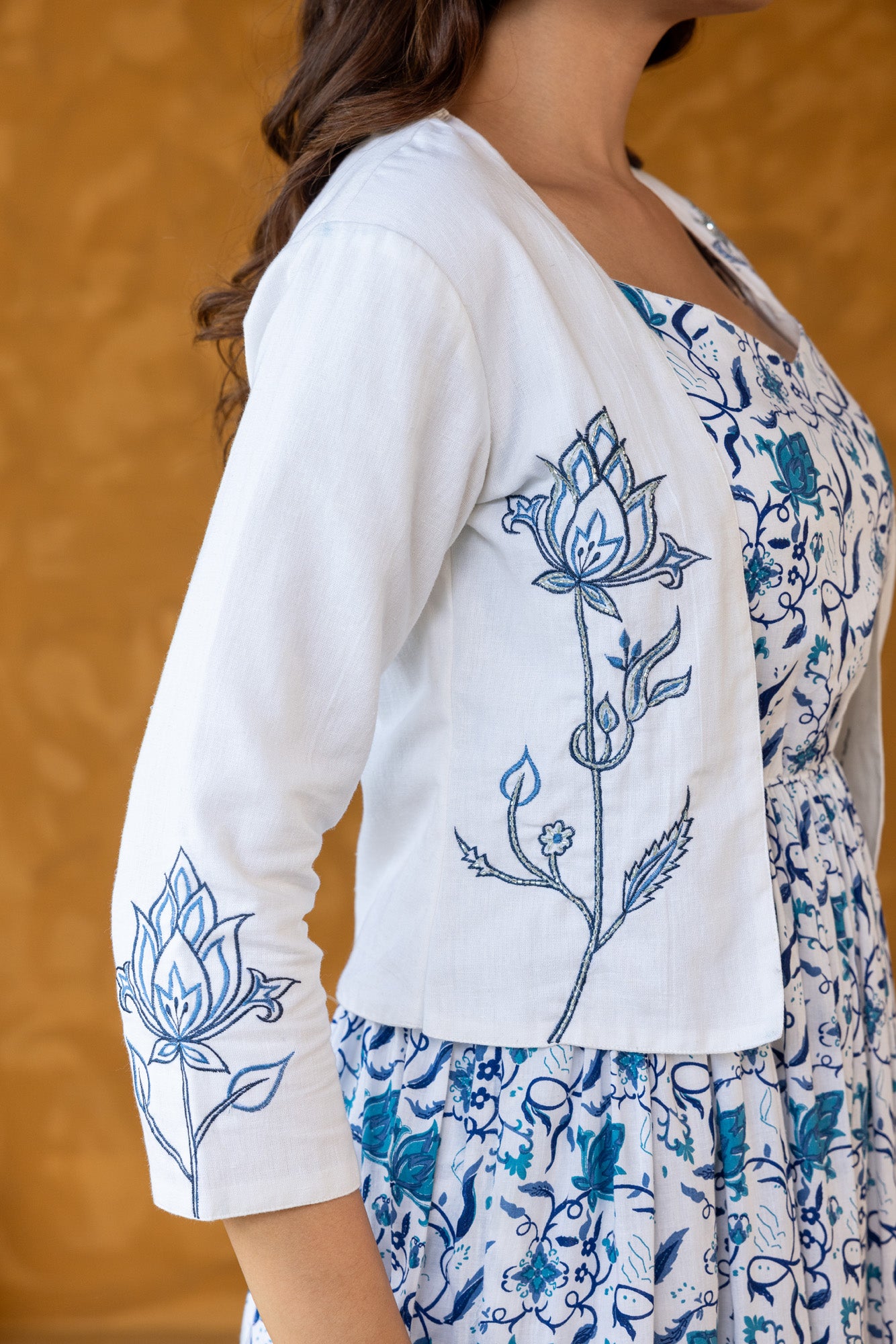 Blue Printed with Embroidered Jacket