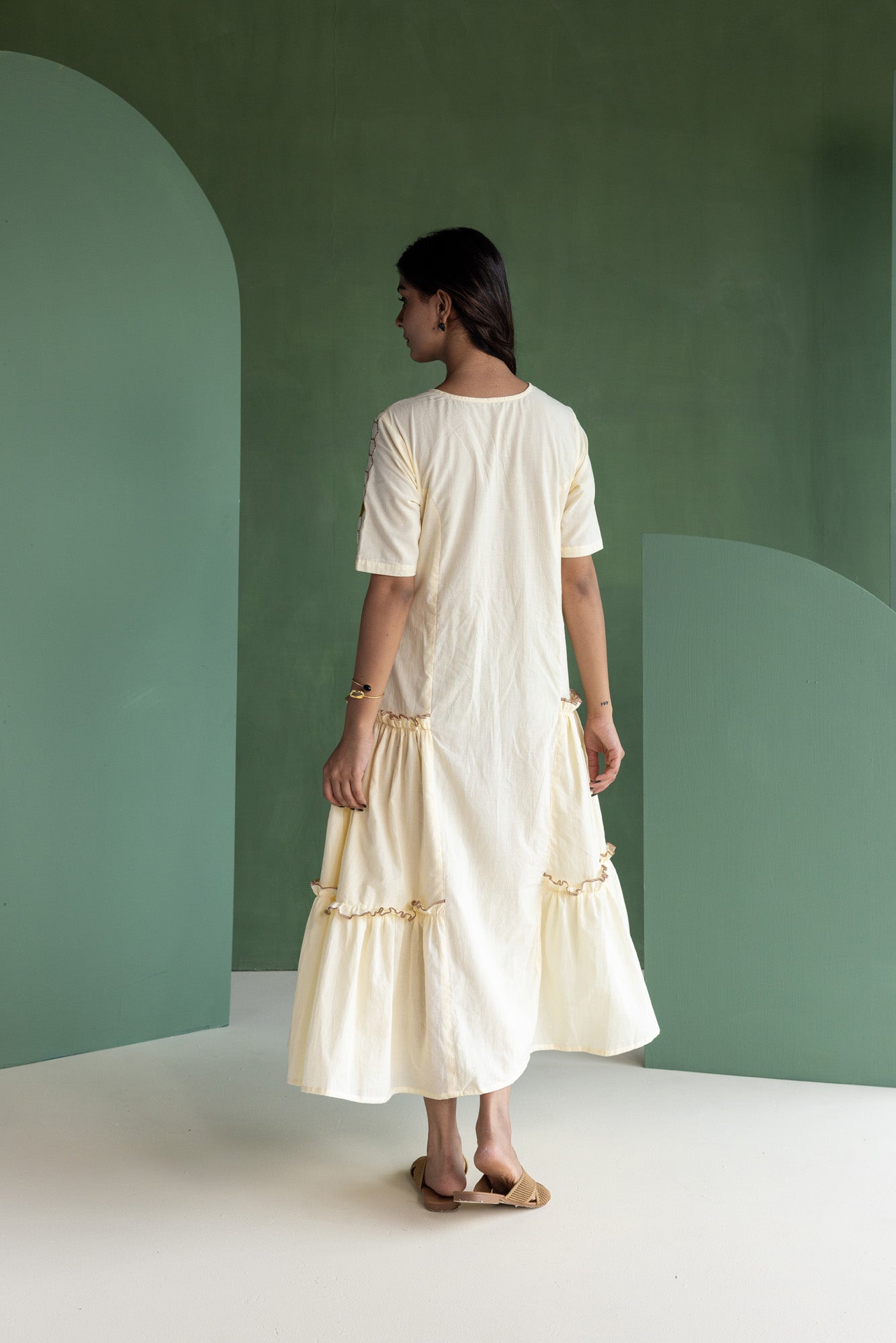 Honeycomb Embroidered Cream Dress