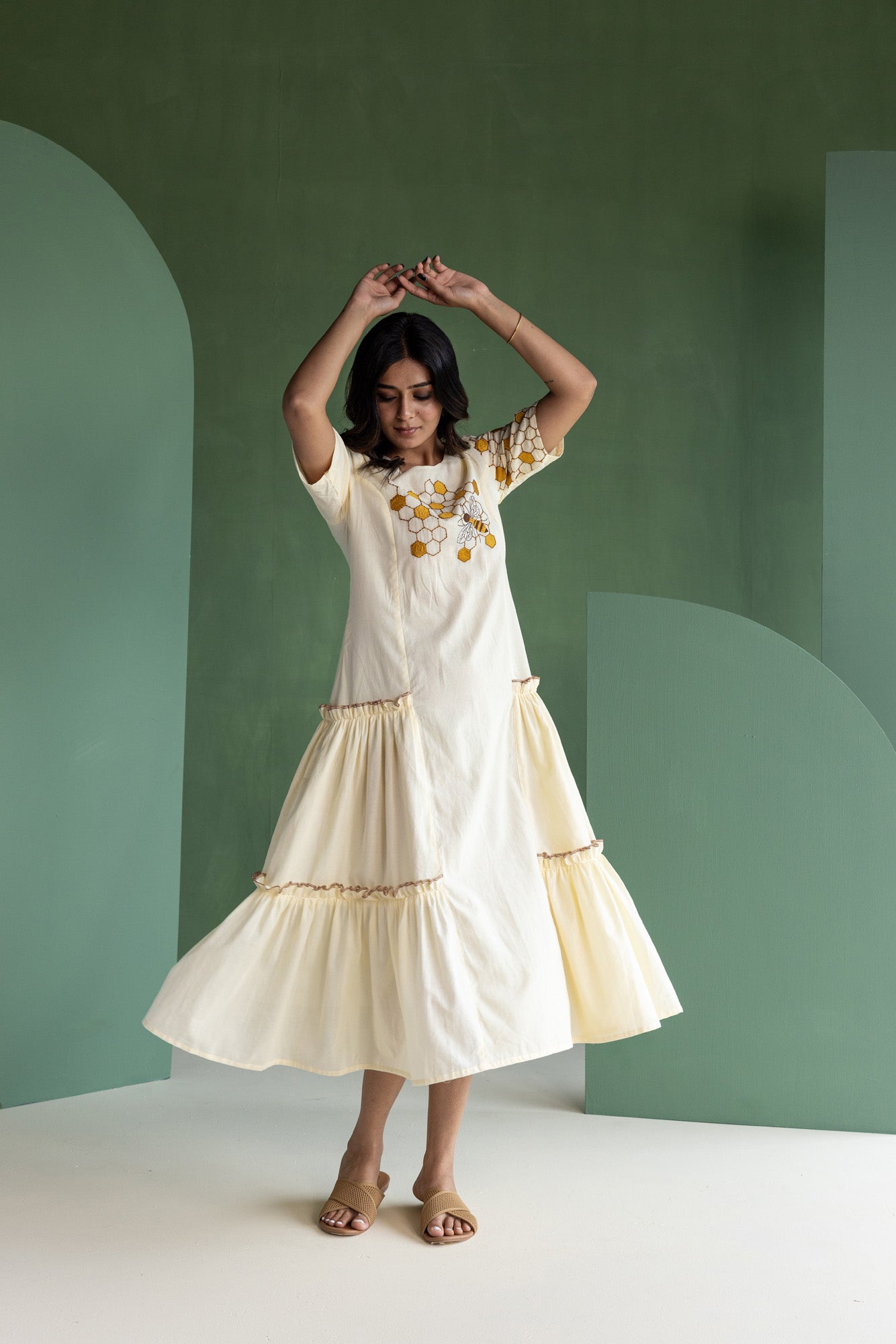 Honeycomb Embroidered Cream Dress