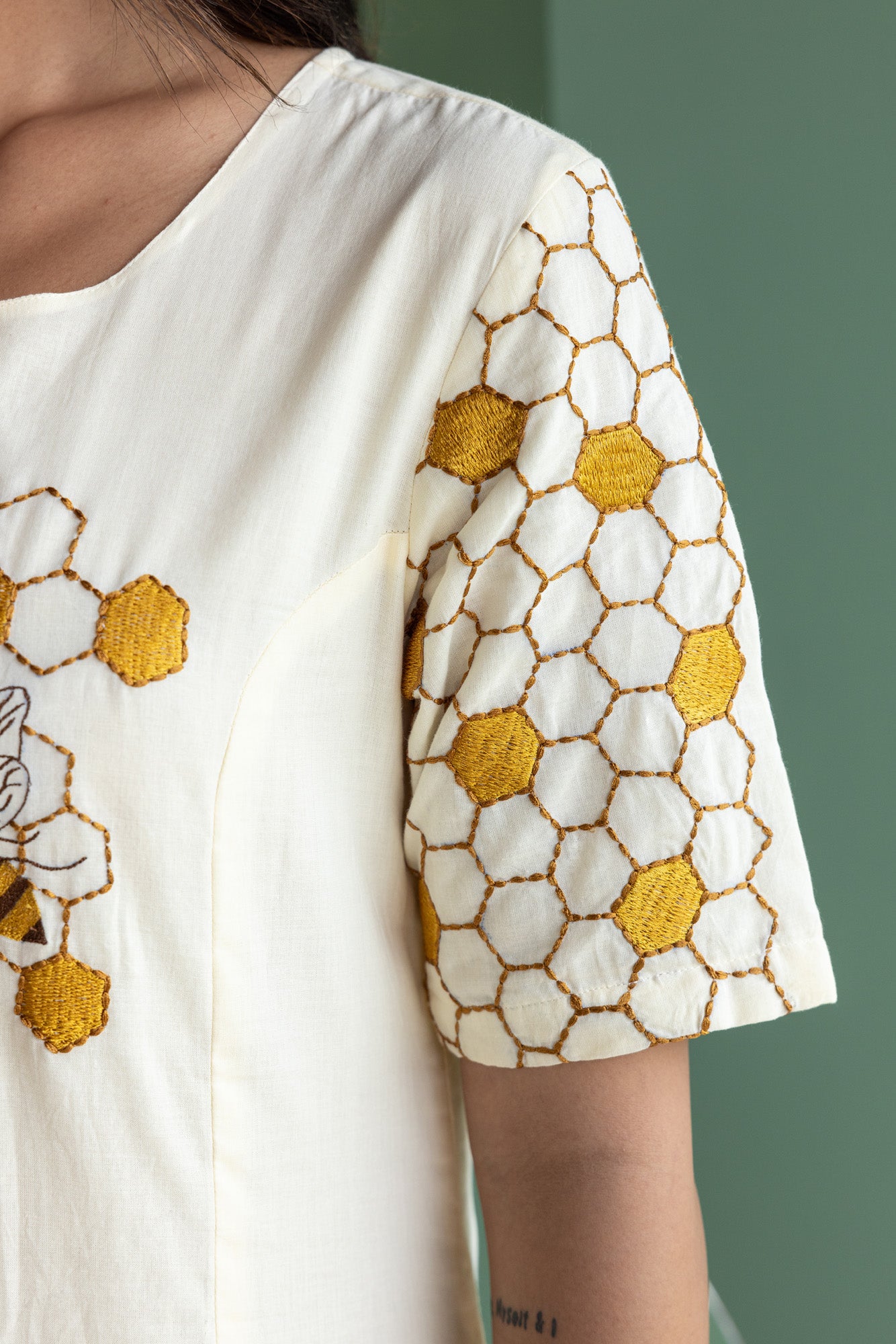 Honeycomb Embroidered Cream Dress