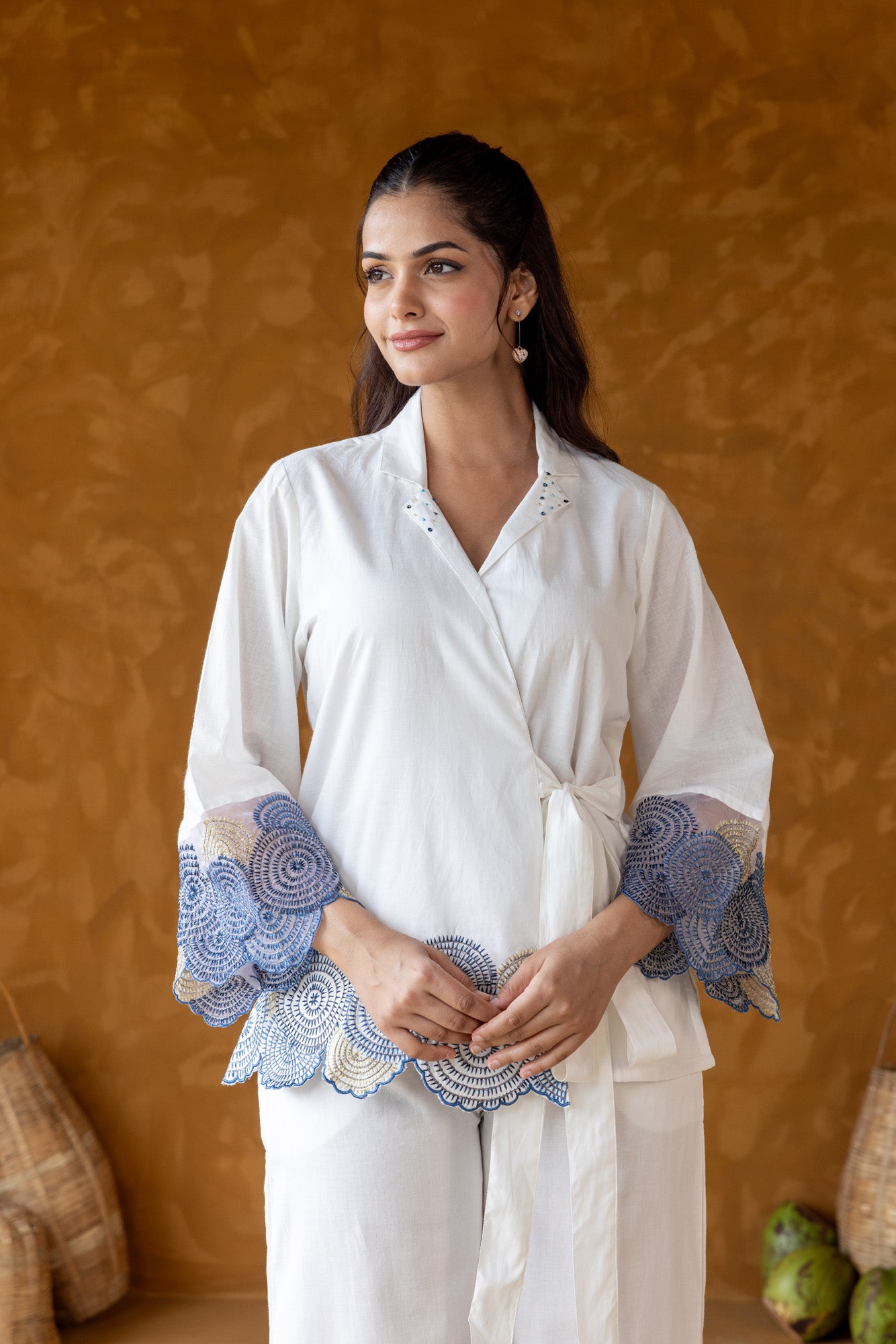 White Embroidered Wrap around Co ord Set