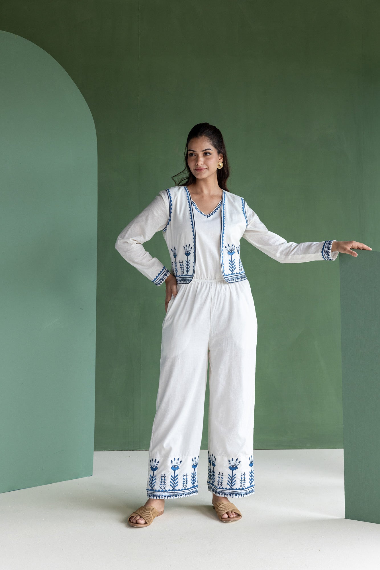 White Blazer Stylish Jumpsuit With Jacket White Embroidered Jump
