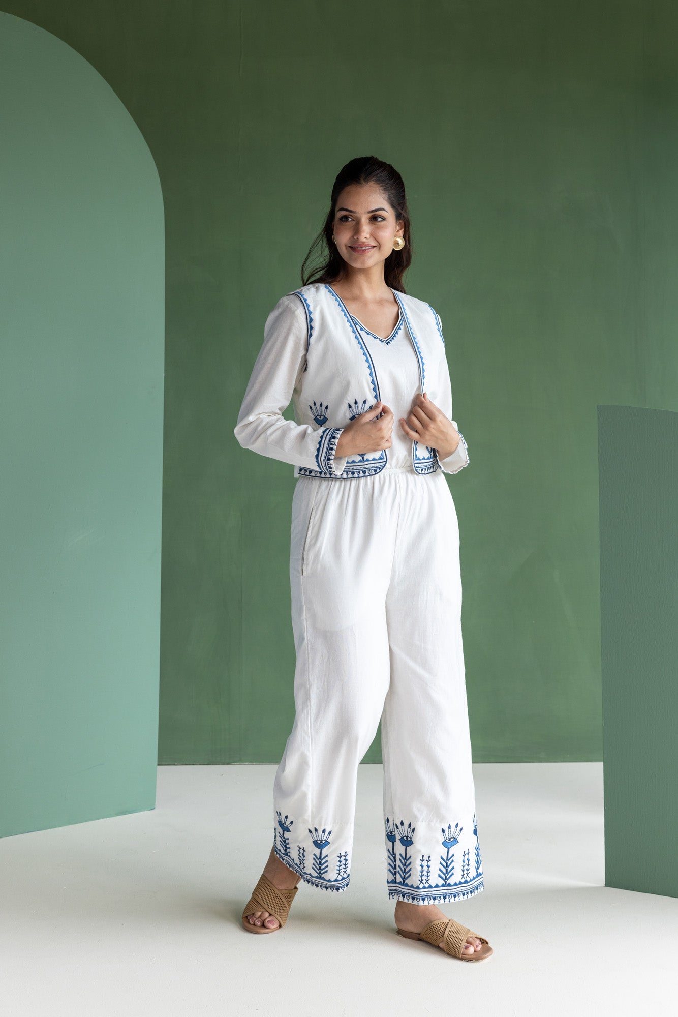 White Embroidered Jump suit with Crop Jacket