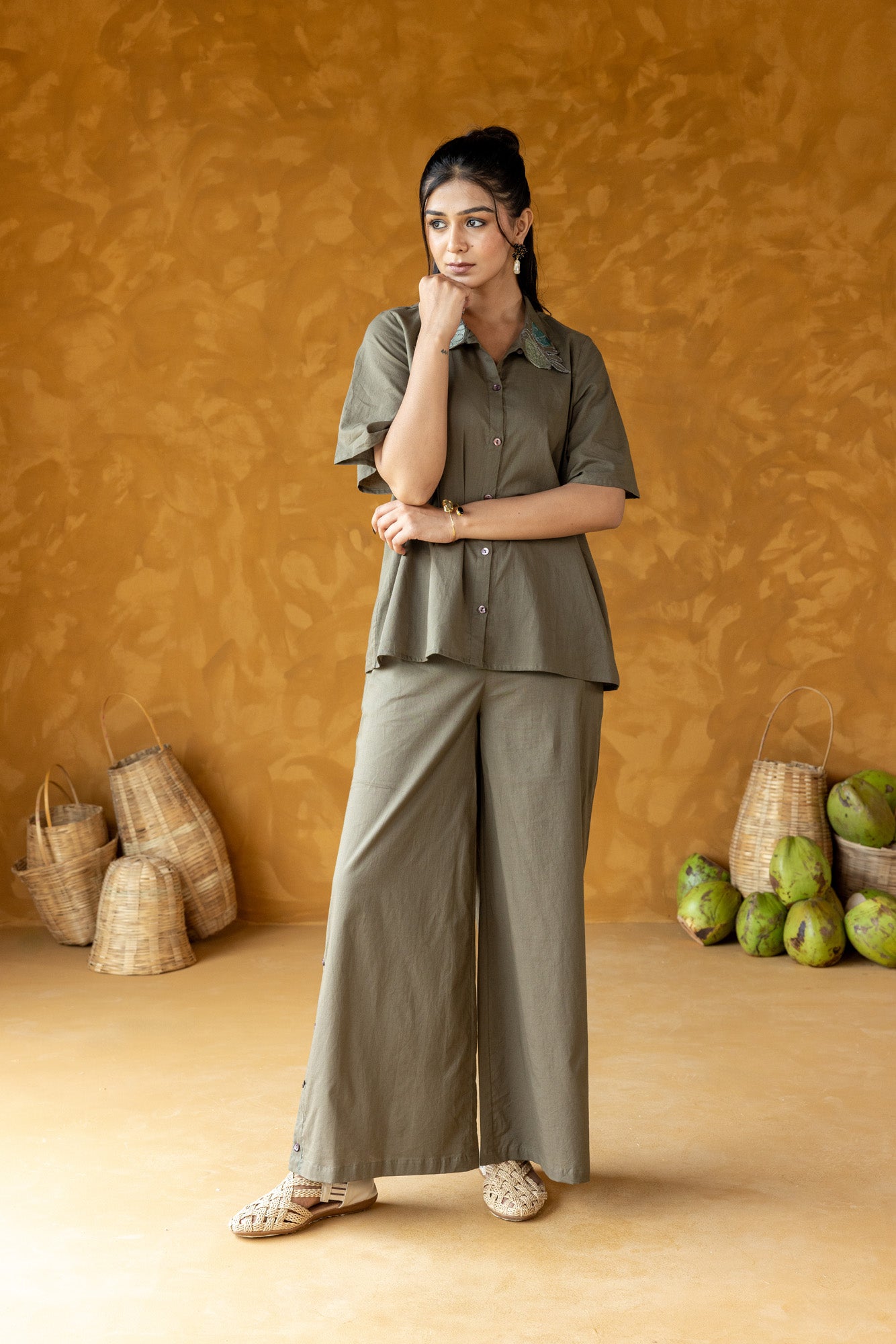 Khaki Embroidered Co-ord Set