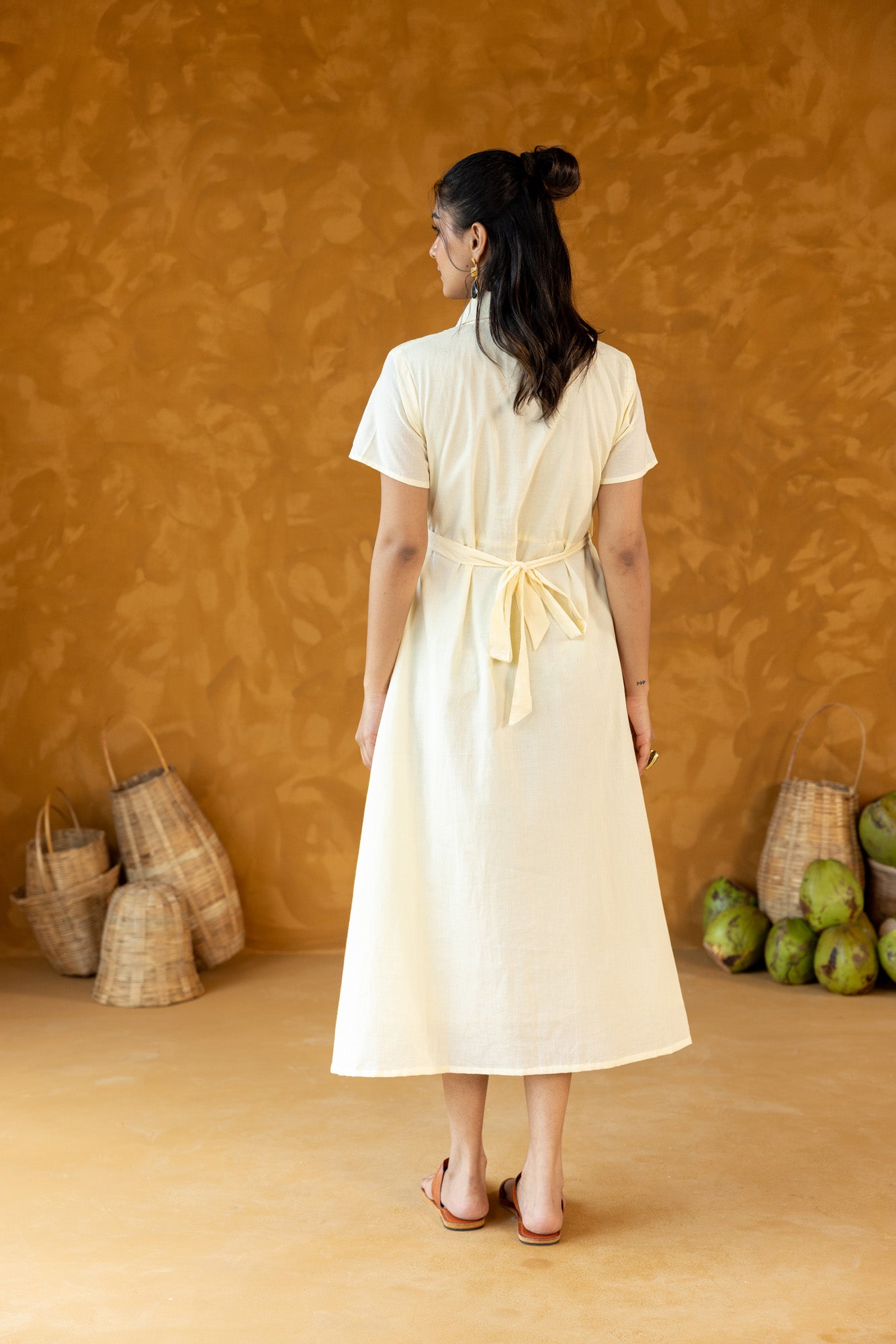 Cream embroidered Shirt Collar Midi Dress