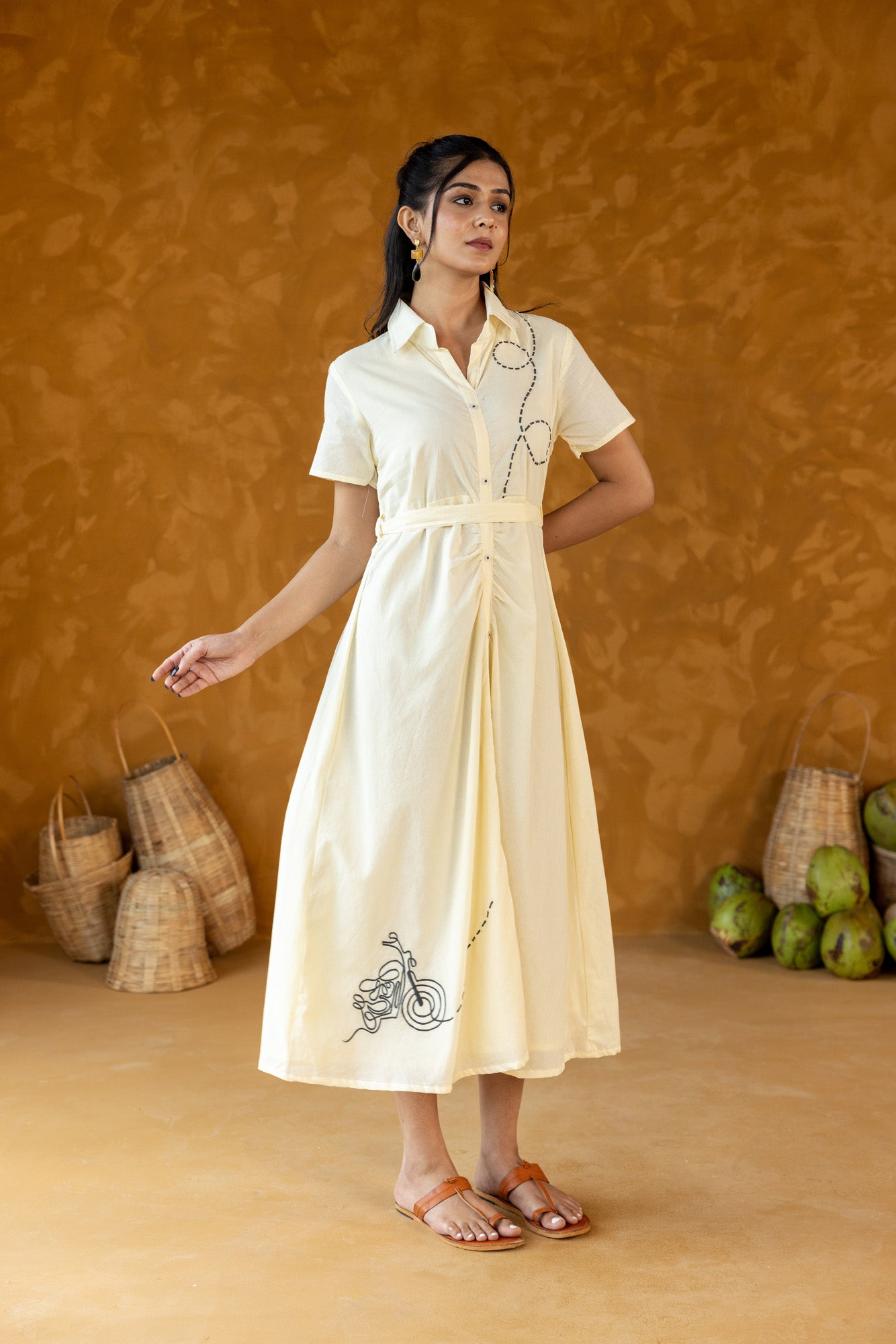 Cream embroidered Shirt Collar Midi Dress