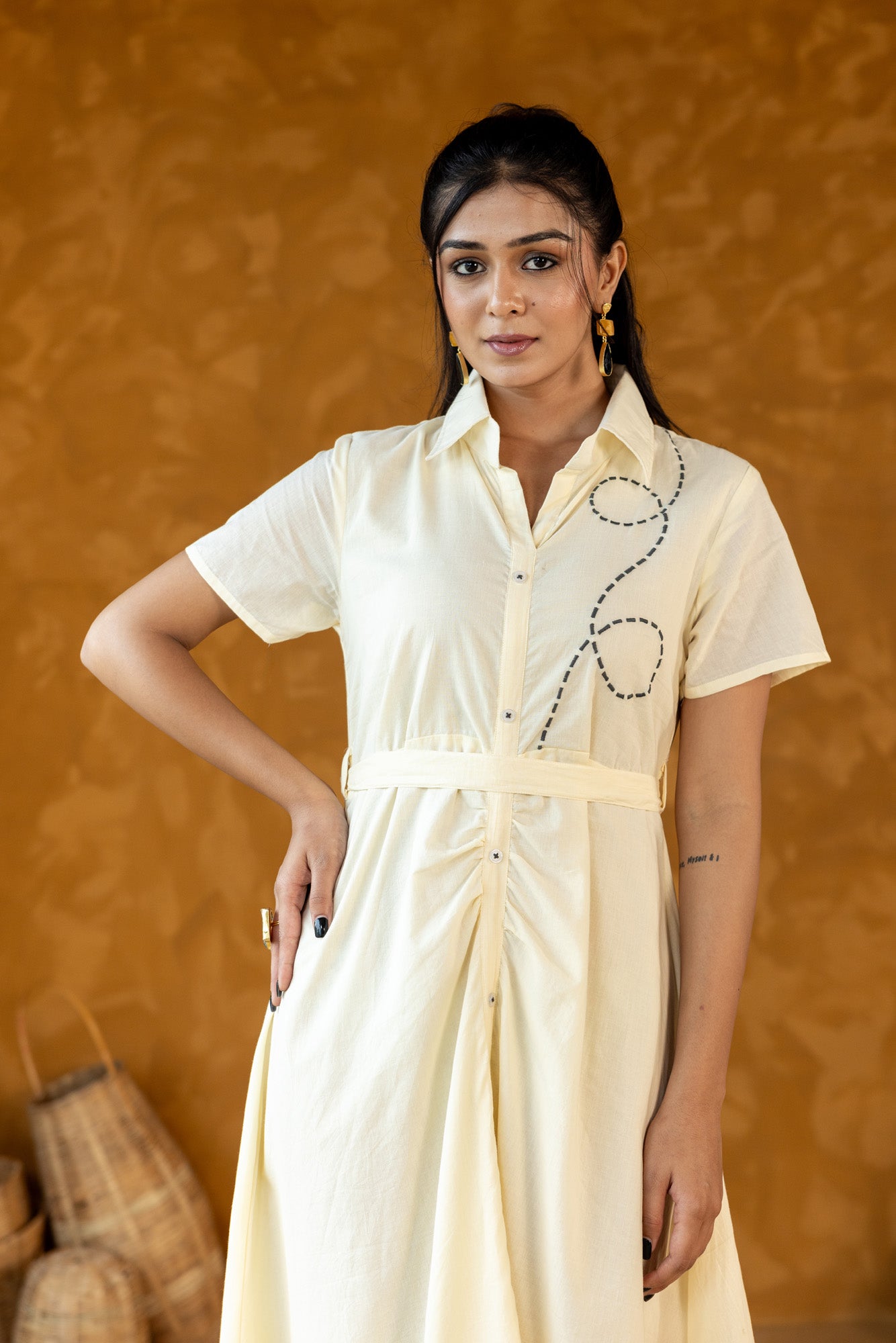 shirt collar midi dress Cream embroidered Shirt Collar Midi Dress