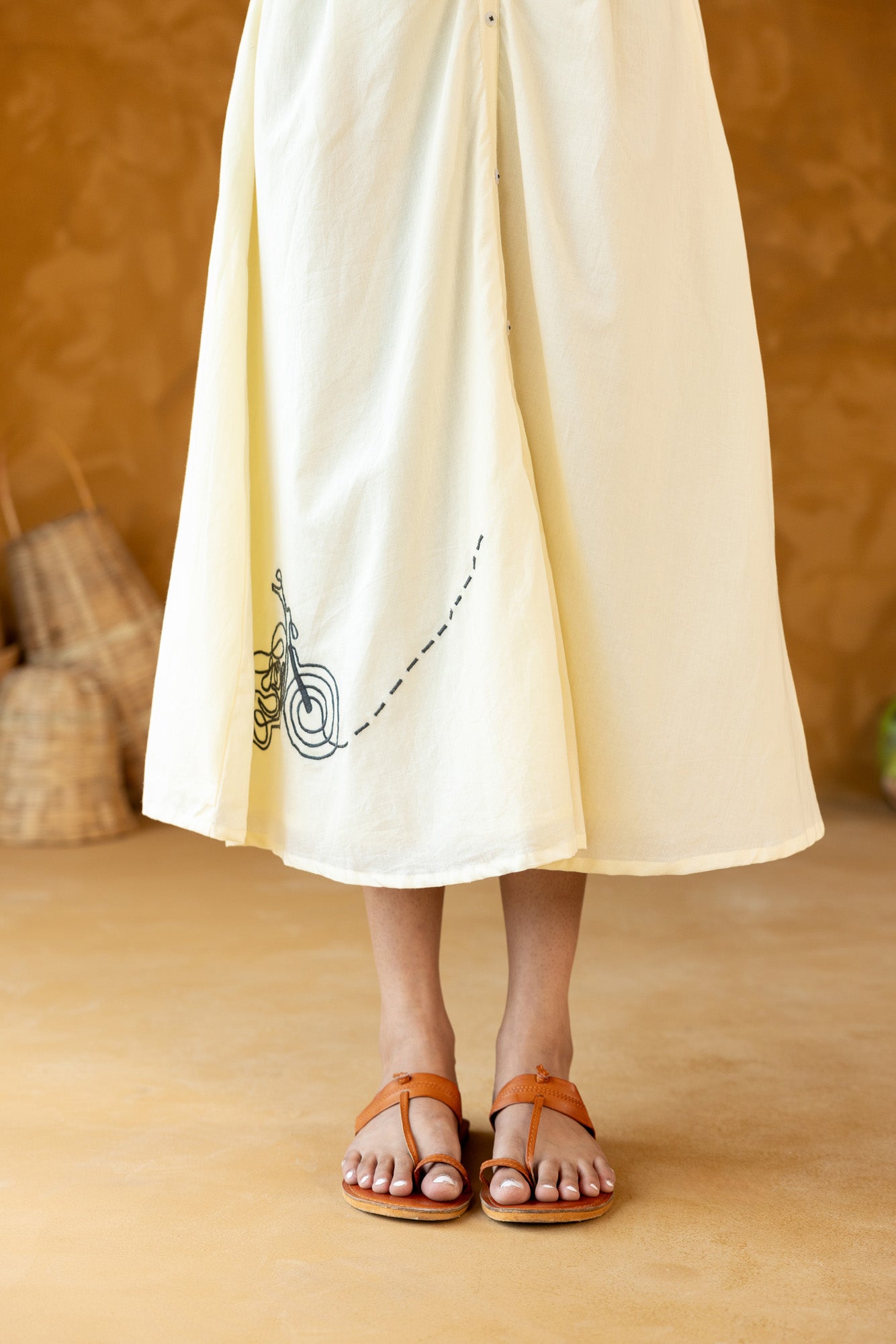 Cream embroidered Shirt Collar Midi Dress