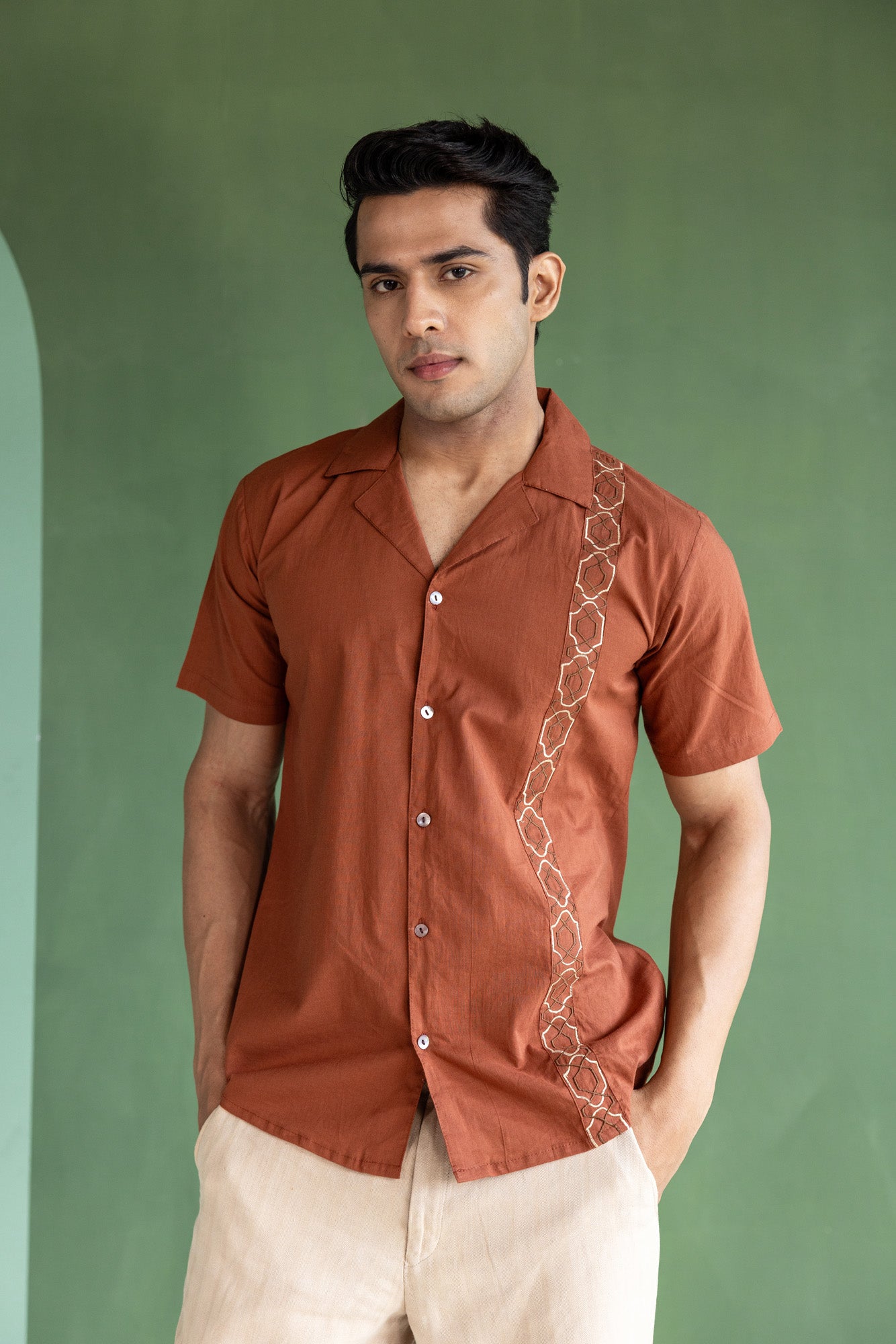 Brown Embroidered Resort Collar Shirt