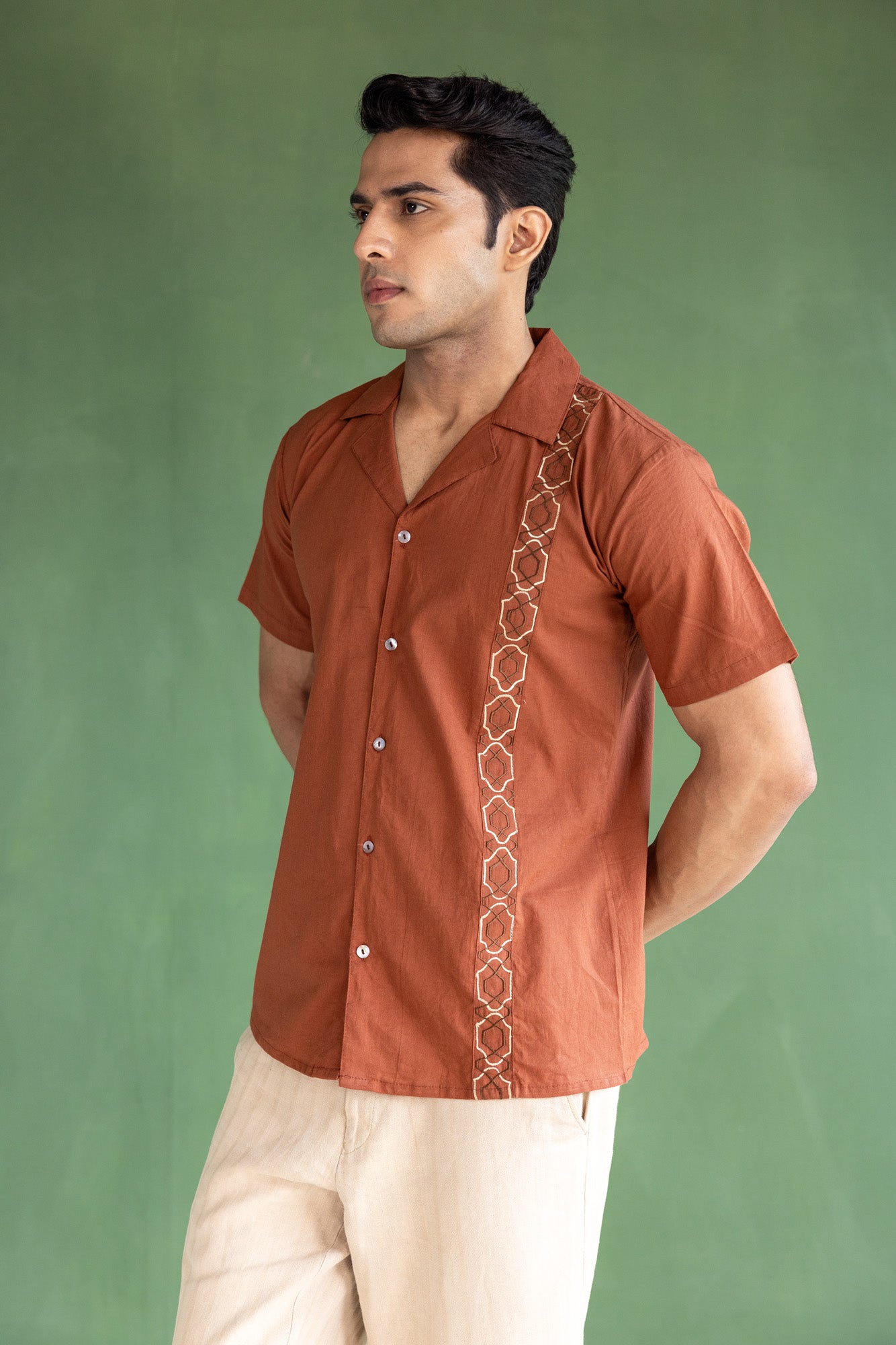 Brown Embroidered Resort Collar Shirt