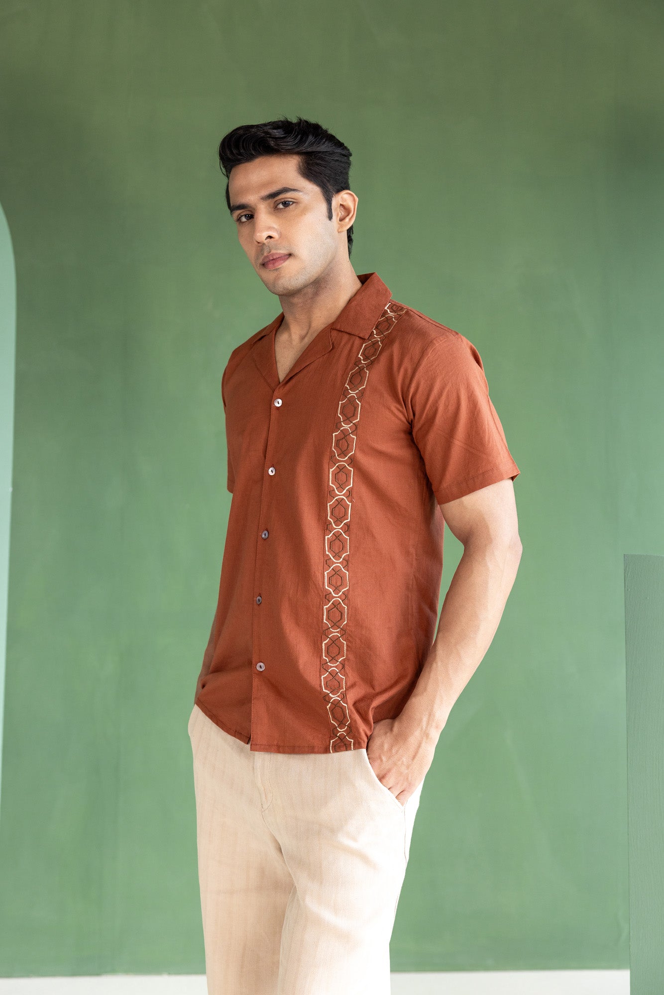 Brown Embroidered Resort Collar Shirt
