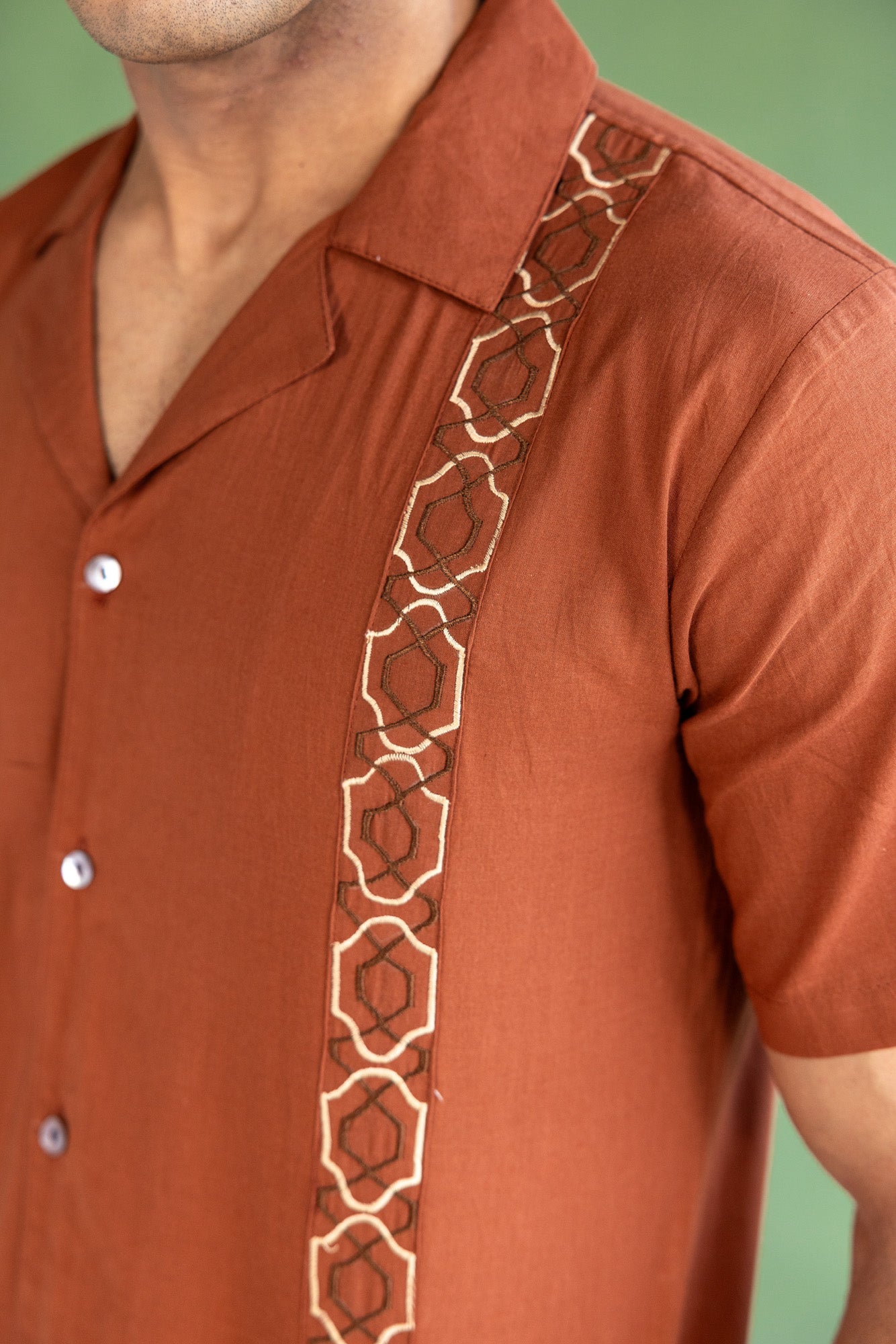 Brown Embroidered Resort Collar Shirt