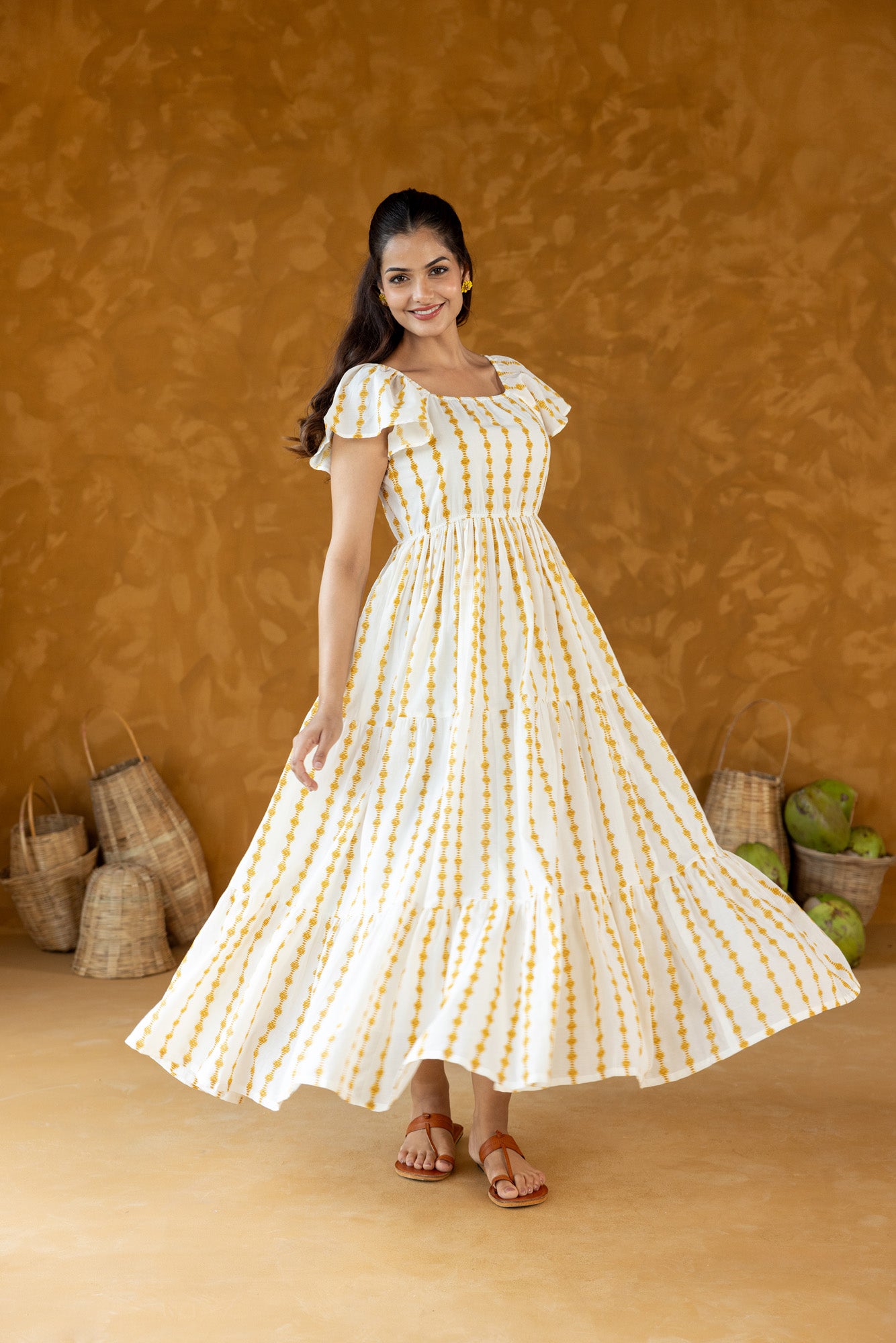 Cream Striped Tiered Long Dress