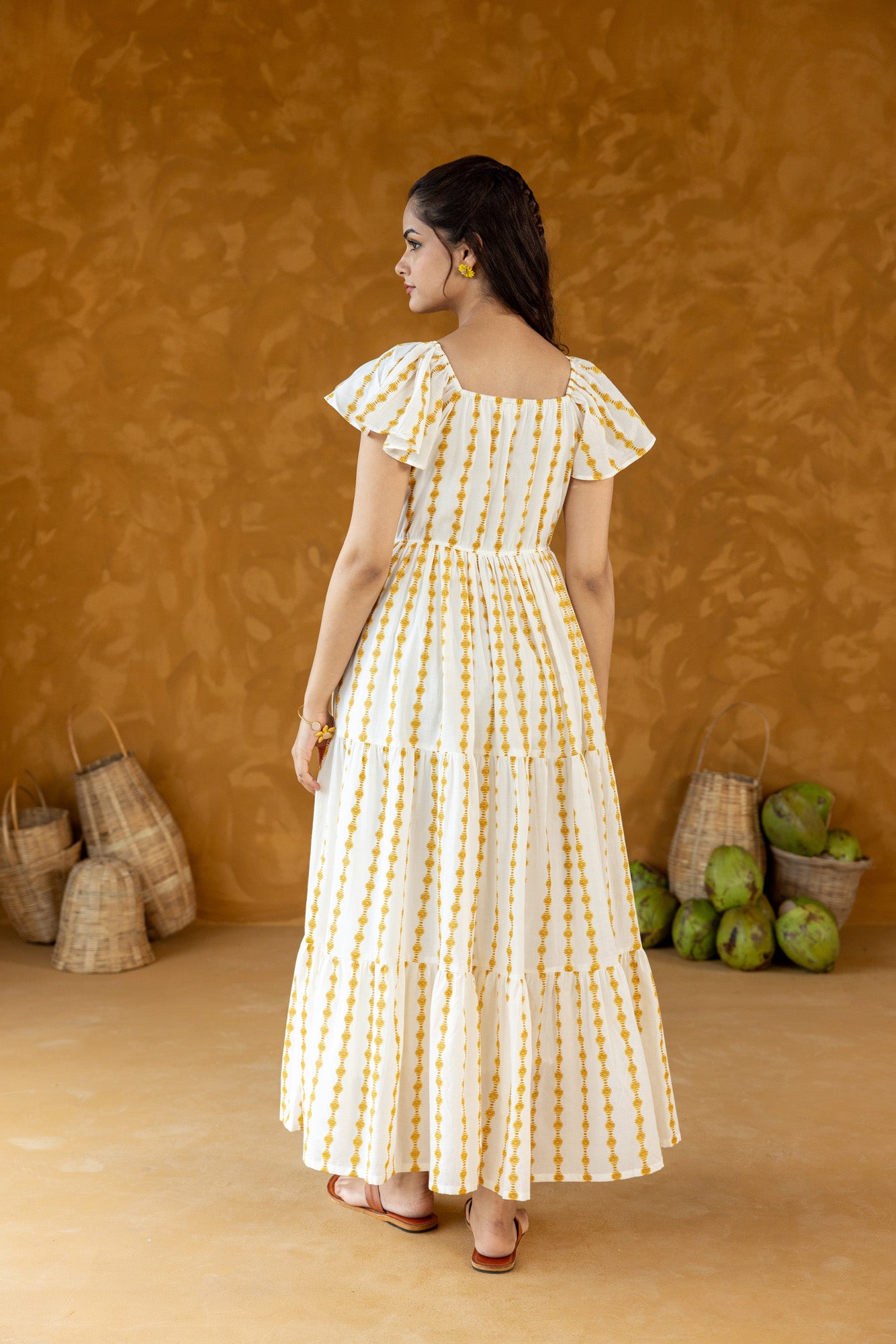 Cream Striped Tiered Long Dress