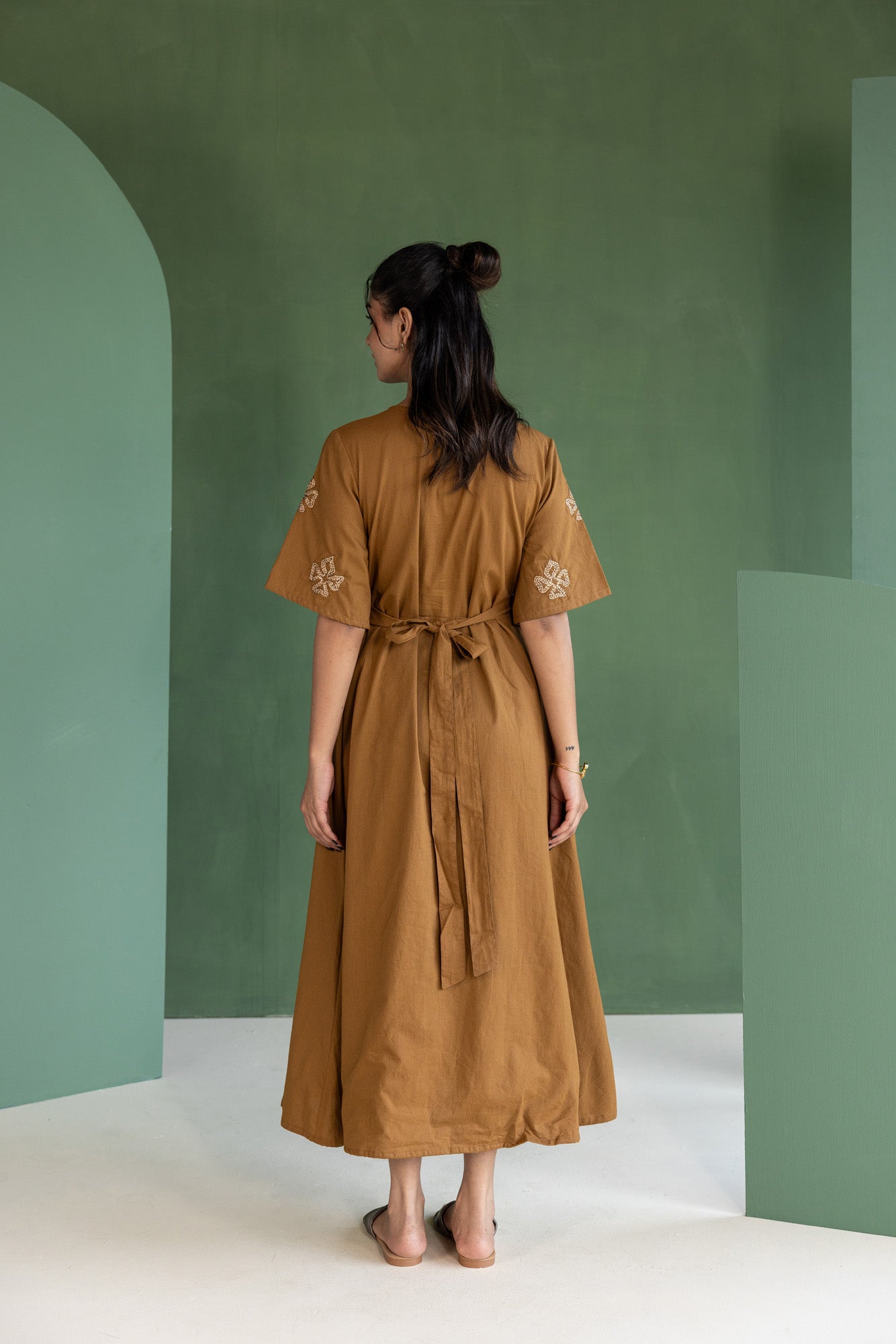 Brown Flower Embroidered A-line Dress