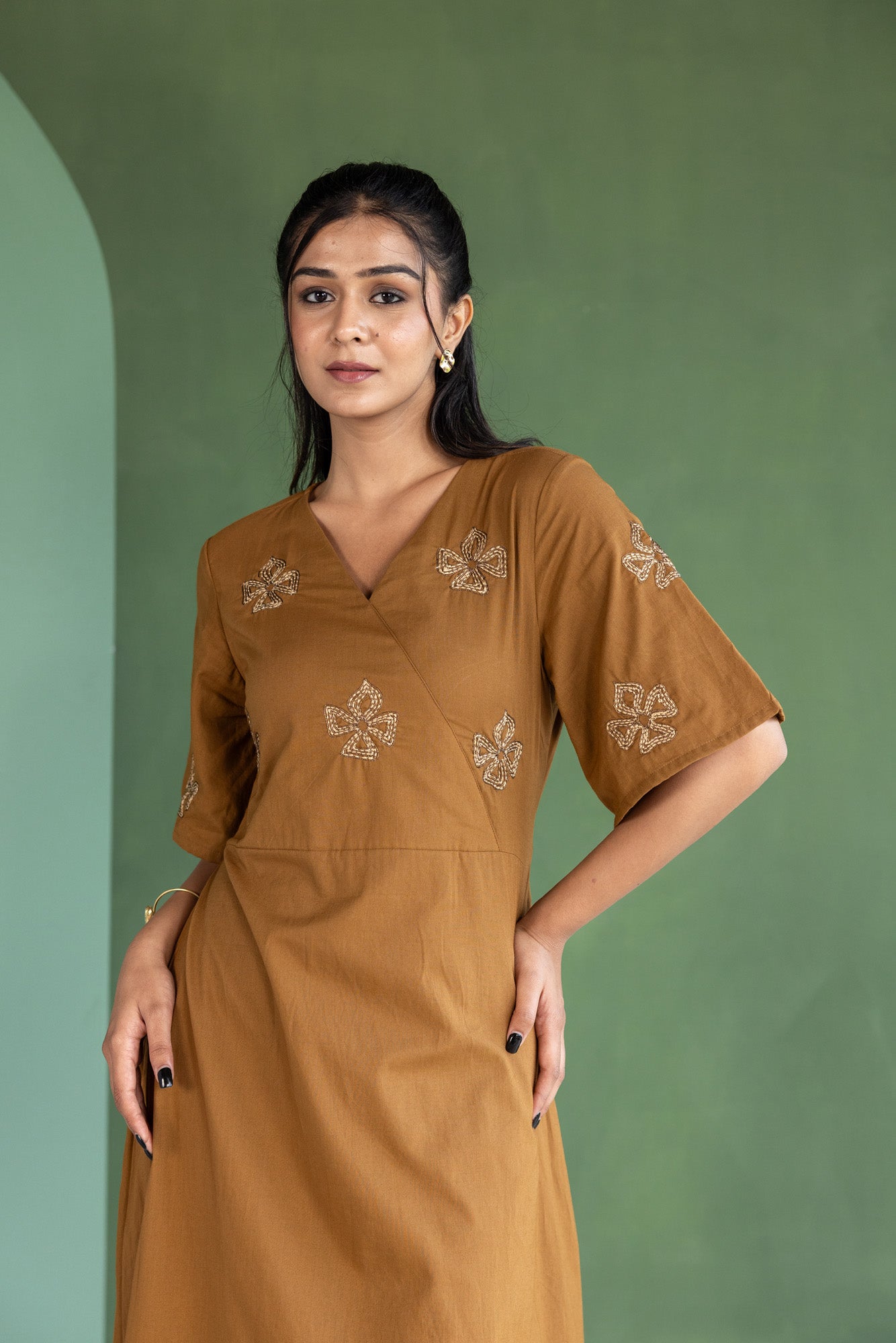 Brown Flower Embroidered A-line Dress