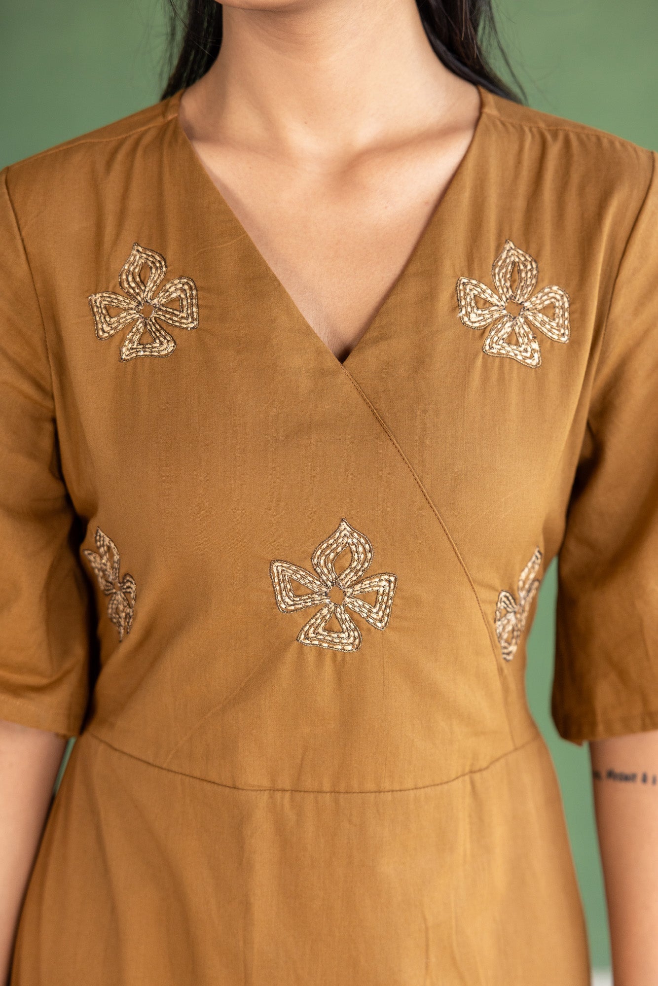 Brown Flower Embroidered A-line Dress