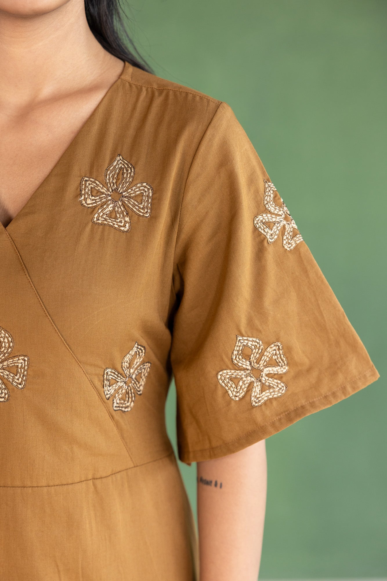 Brown Flower Embroidered A-line Dress