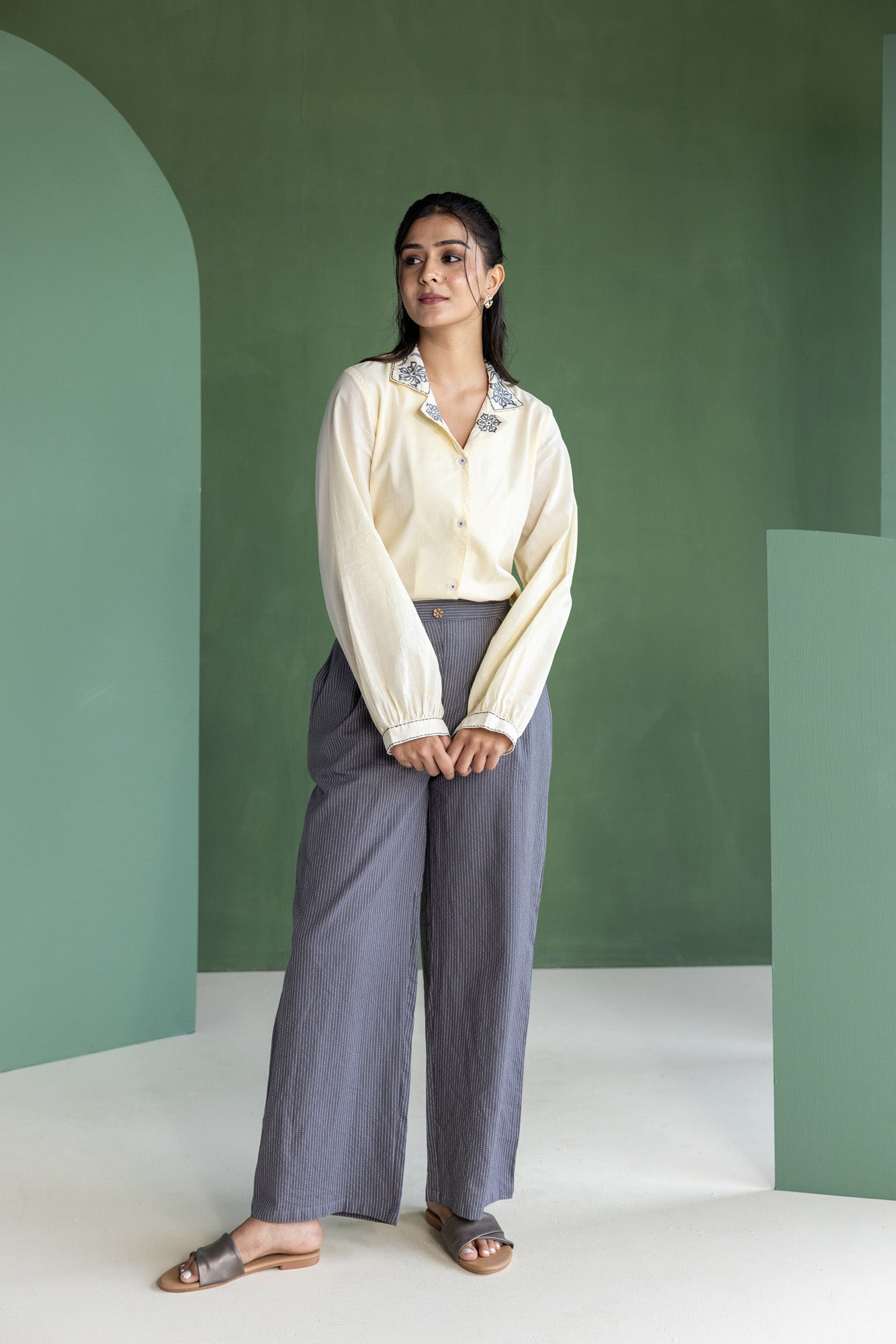 Cream Shirt Top and Striped Trouser Set