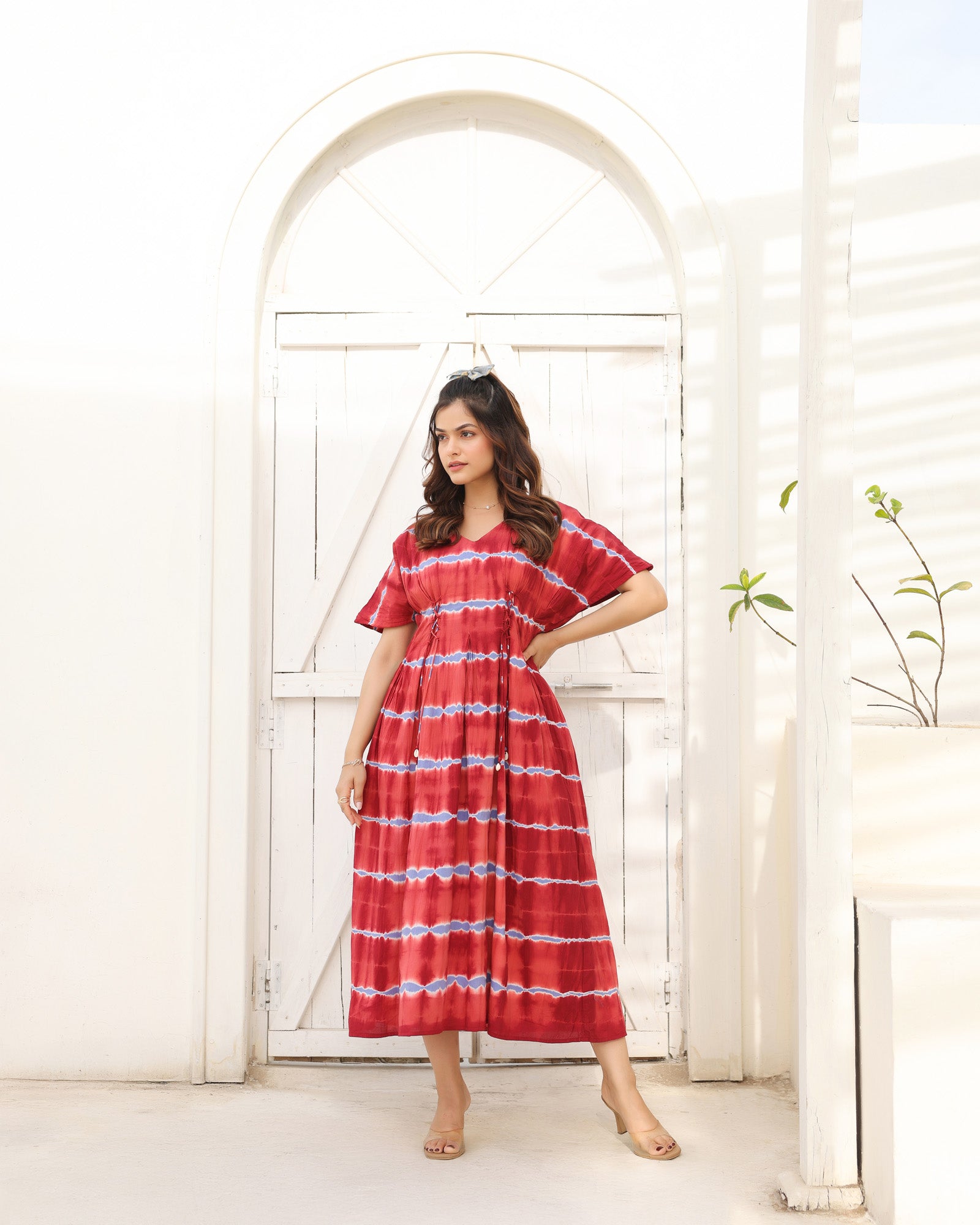 red and white tie dye dress SHEIN Red Random Print Maxi Dress Women's Long Sleeve Floral Satin Black White Pink Loose Fit Spaghetti Strap With Pockets Woven Fabric Casu,L