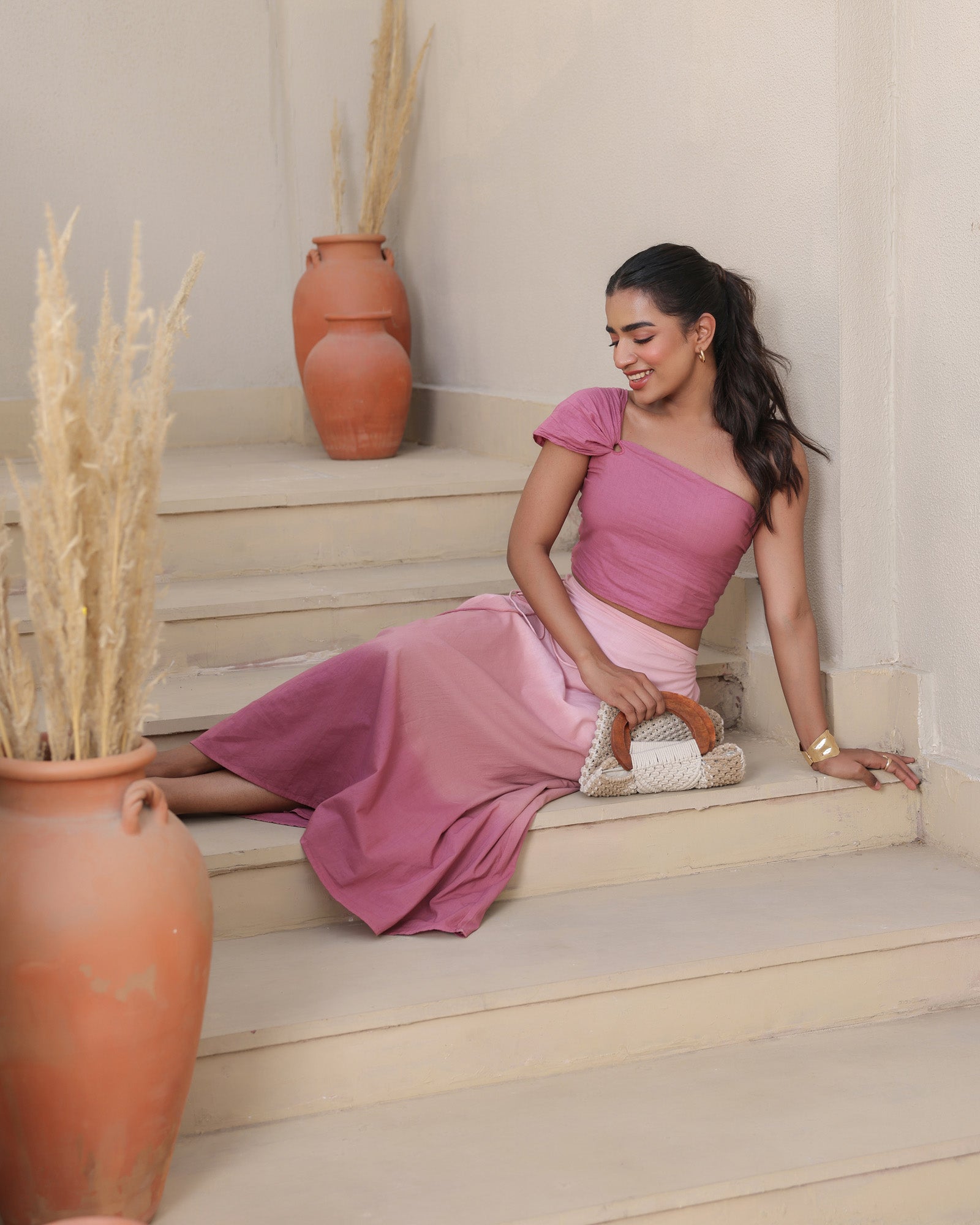 Blush Pink One-Shoulder Top and Ombre Skirt Set