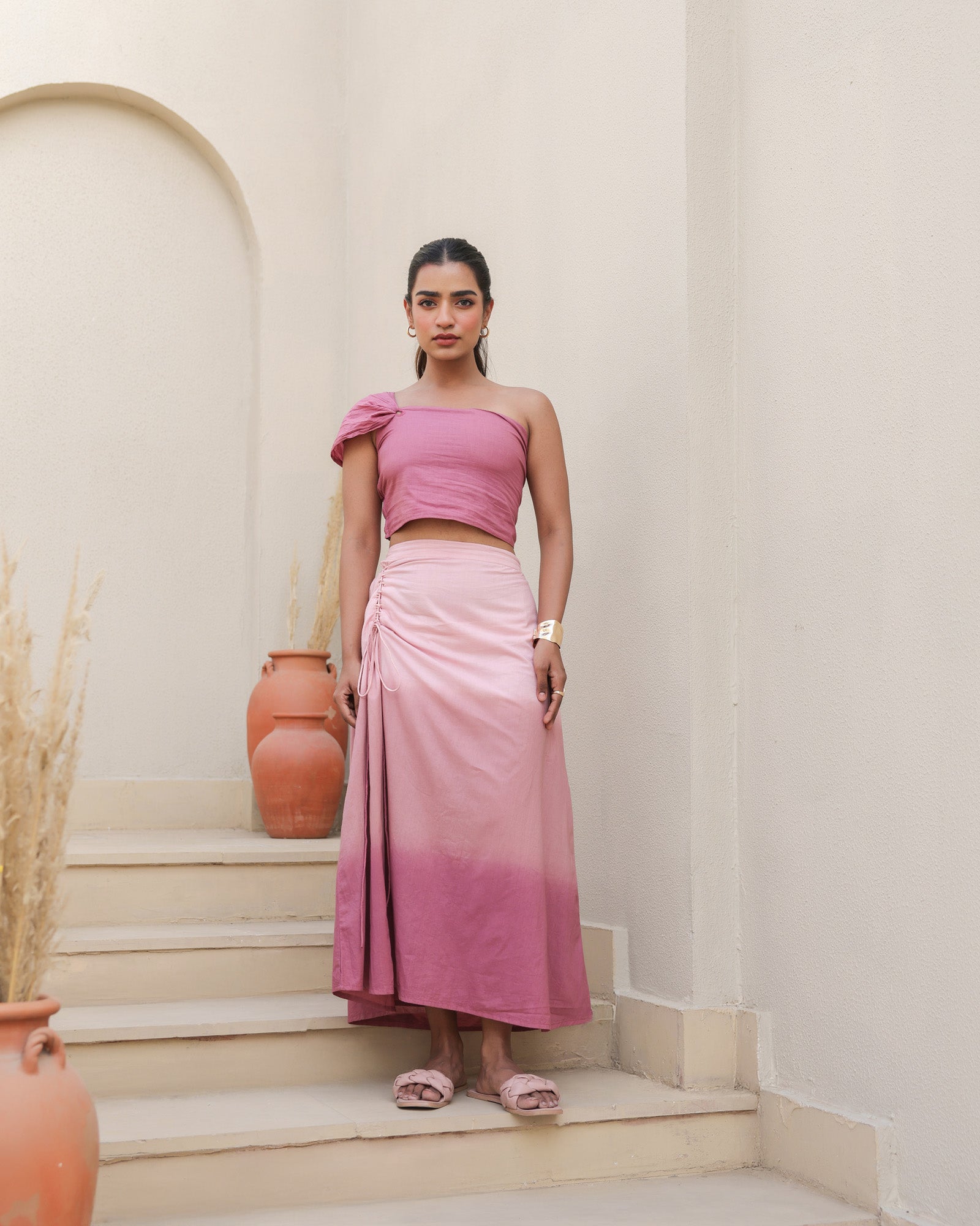 Blush Pink One-Shoulder Top and Ombre Skirt Set
