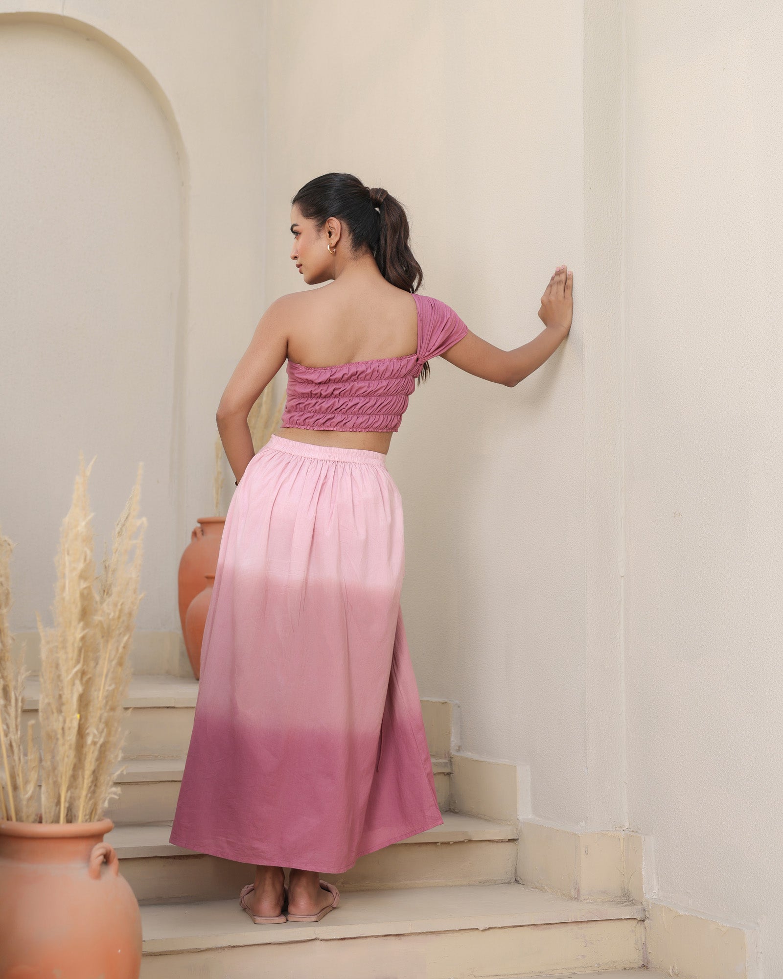 Blush Pink One-Shoulder Top and Ombre Skirt Set