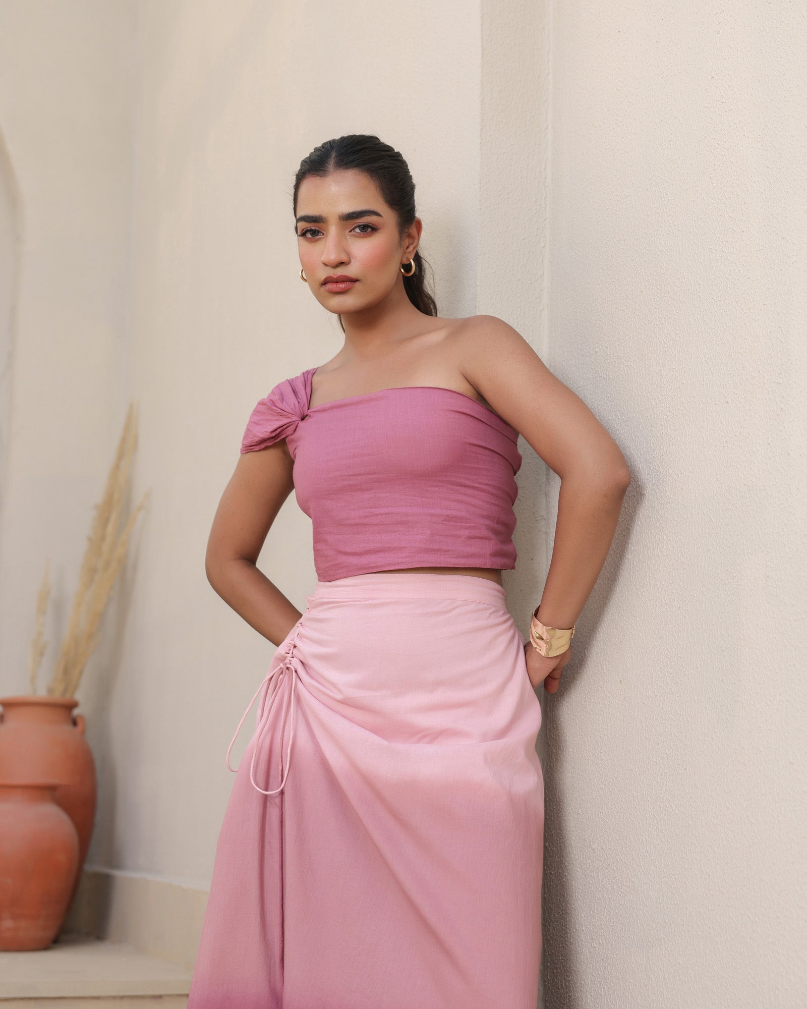 Blush Pink One-Shoulder Top and Ombre Skirt Set