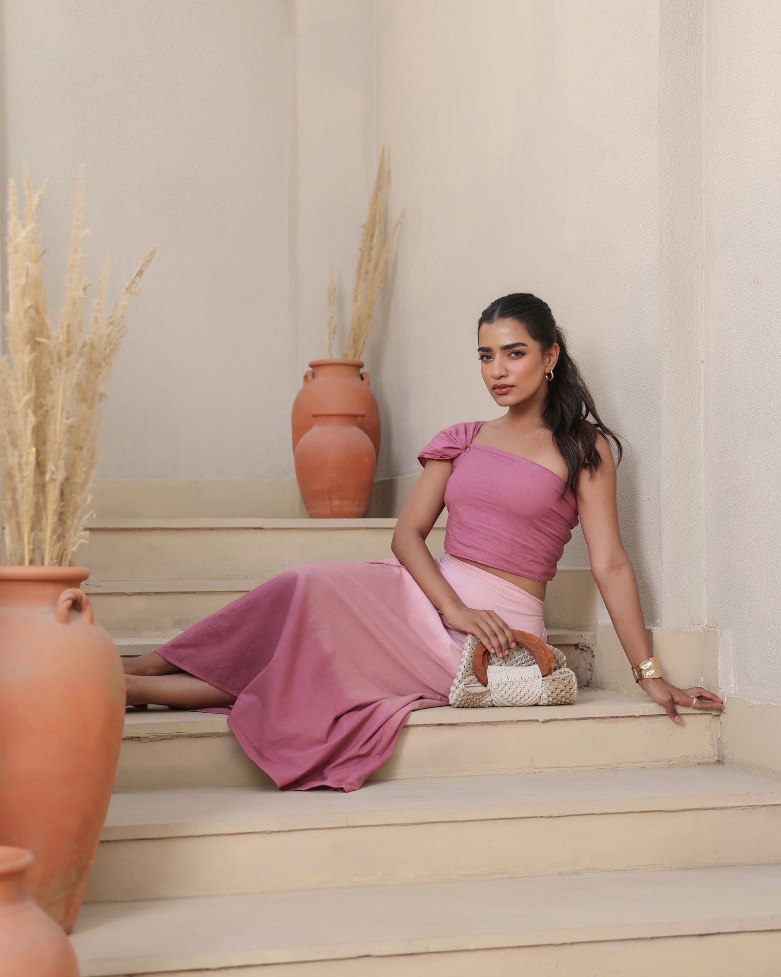 Blush Pink One-Shoulder Top and Ombre Skirt Set