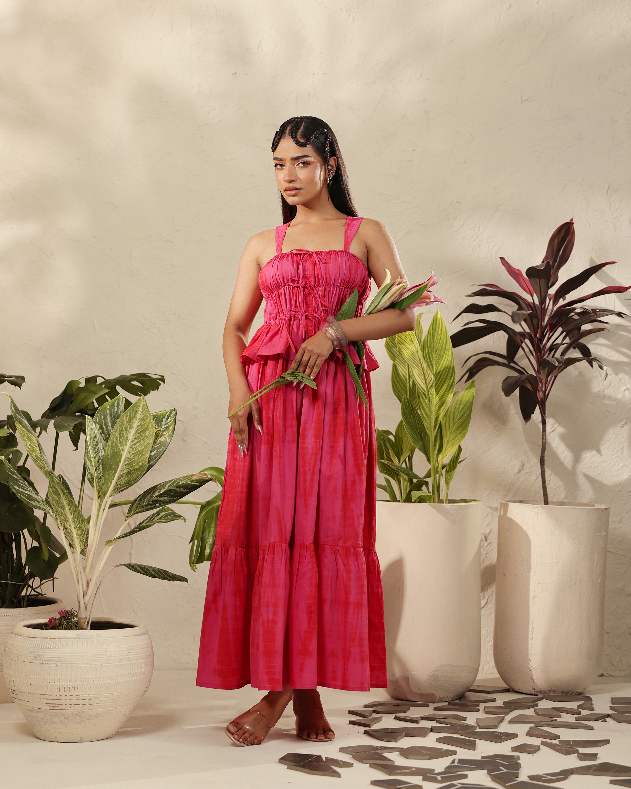 Pink Tiered Maxi Dress with Smocked Bodice