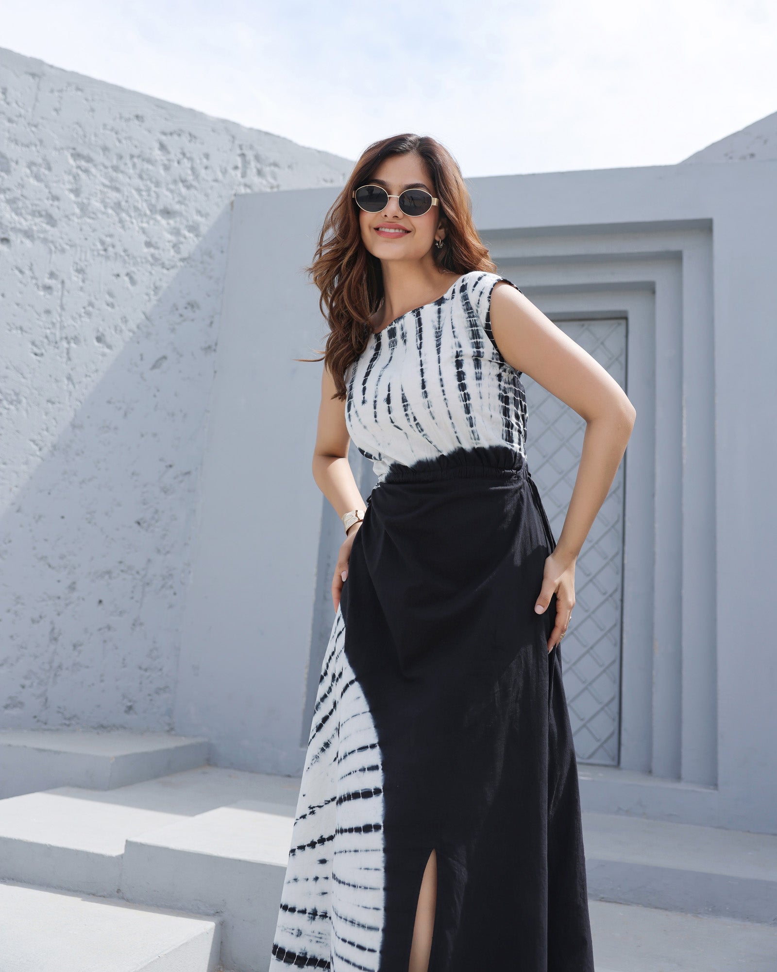 Monochrome Tie-Dye Panel Maxi Dress