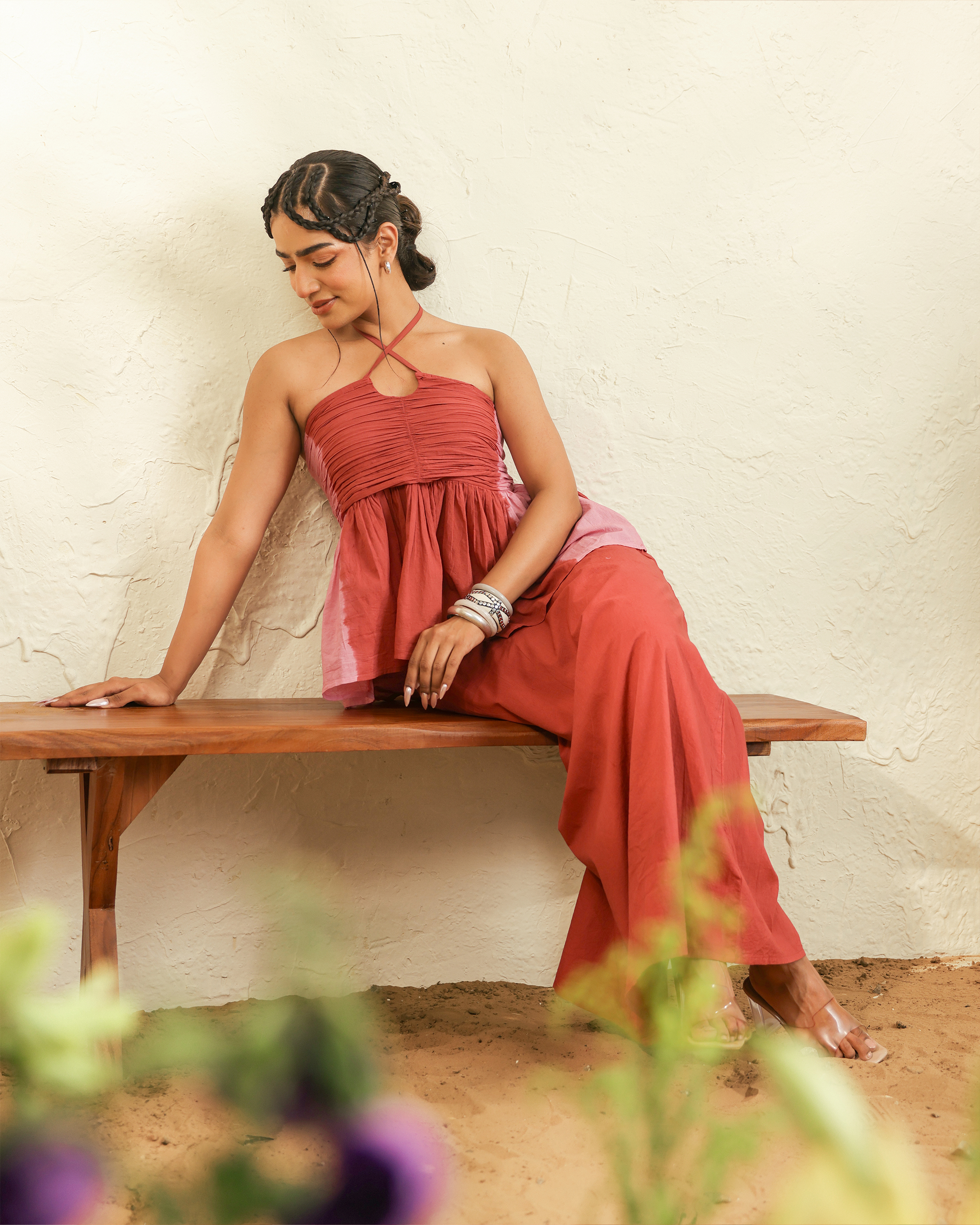 Tie-Dye Pink Maxi Set with Keyhole Neckline