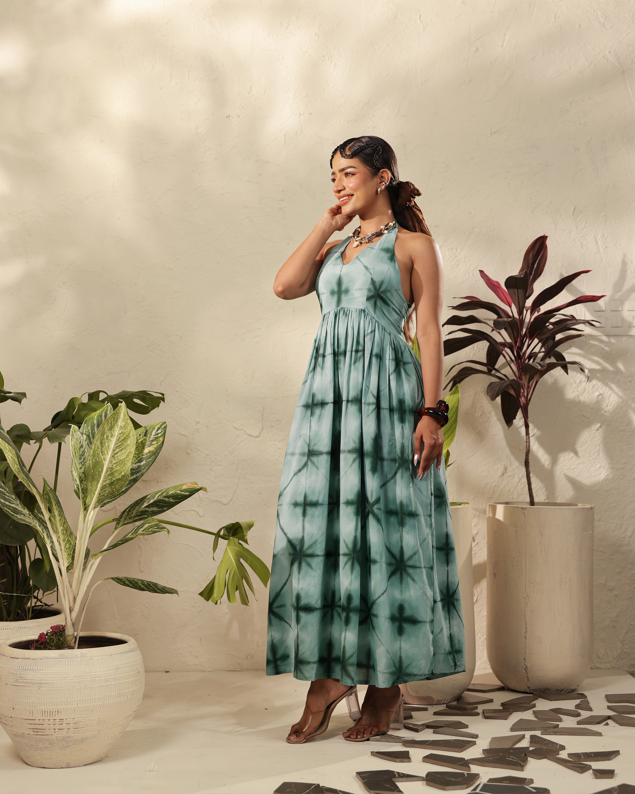 Sleeveless Tie-Dye Maxi Dress with Gathered Waist