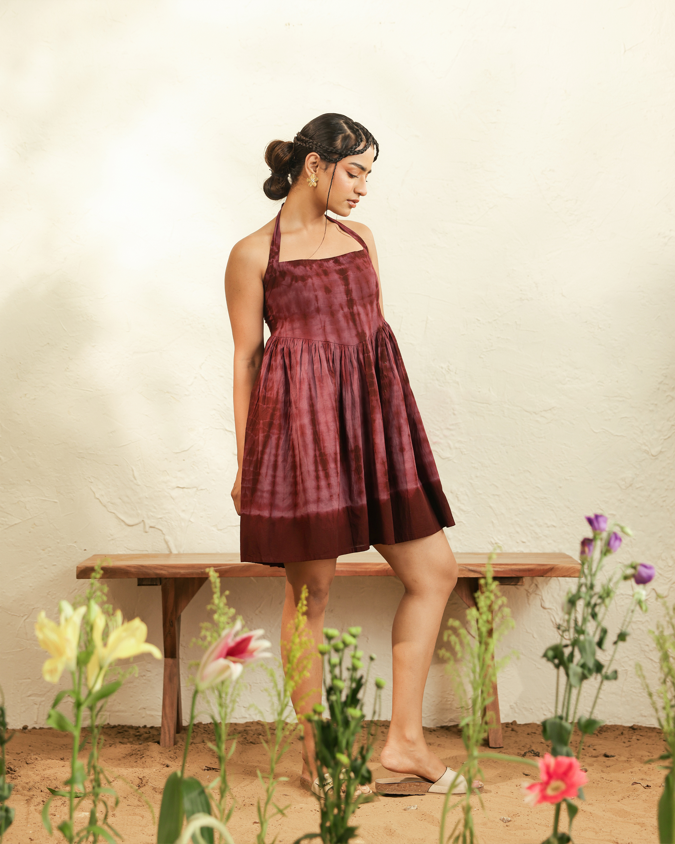 Maroon Tie-Dye Halter Neck Mini Dress