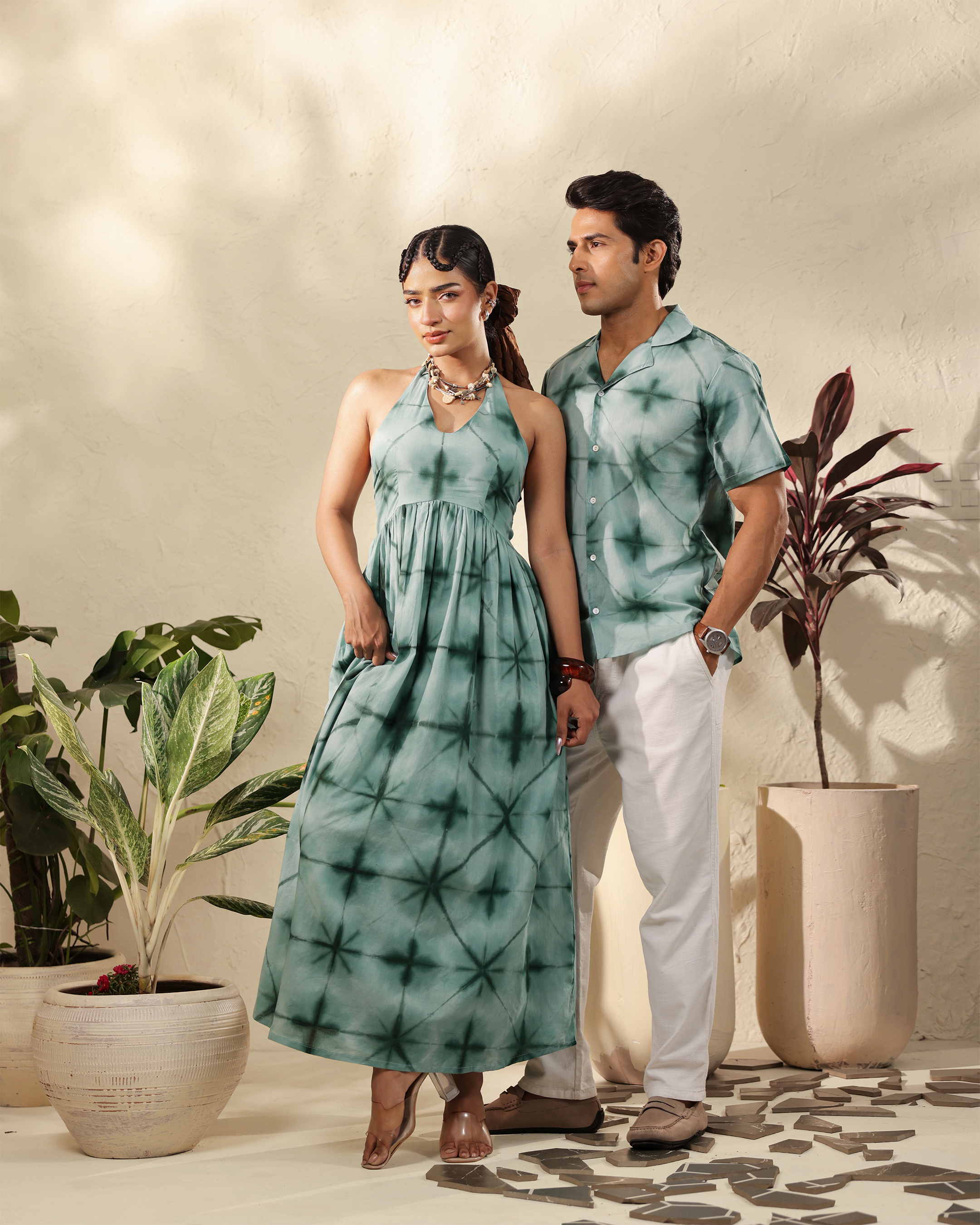 Matching Couple Outfit Set in Sage Green Tie-Dye