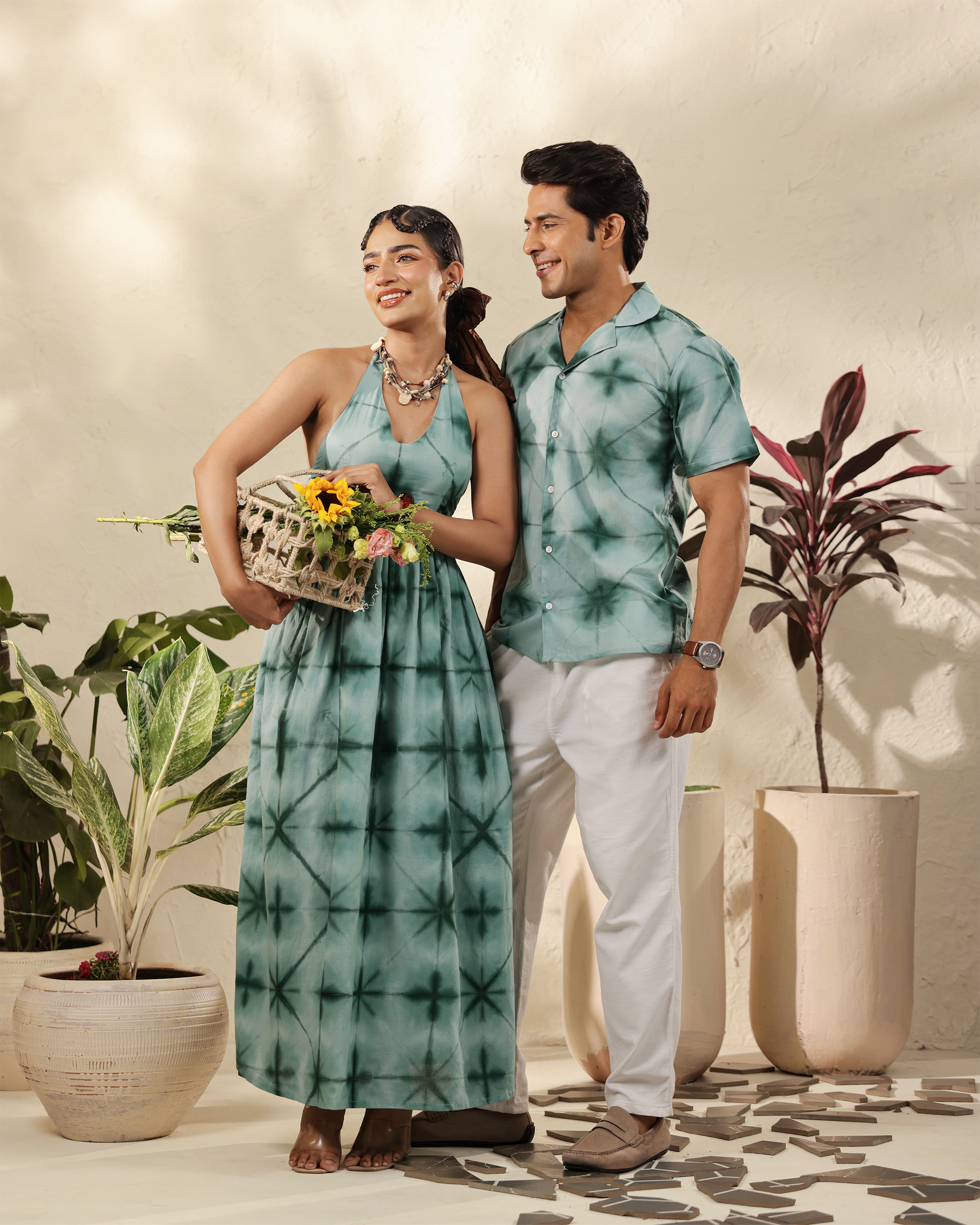 Matching Couple Outfit Set in Sage Green Tie-Dye