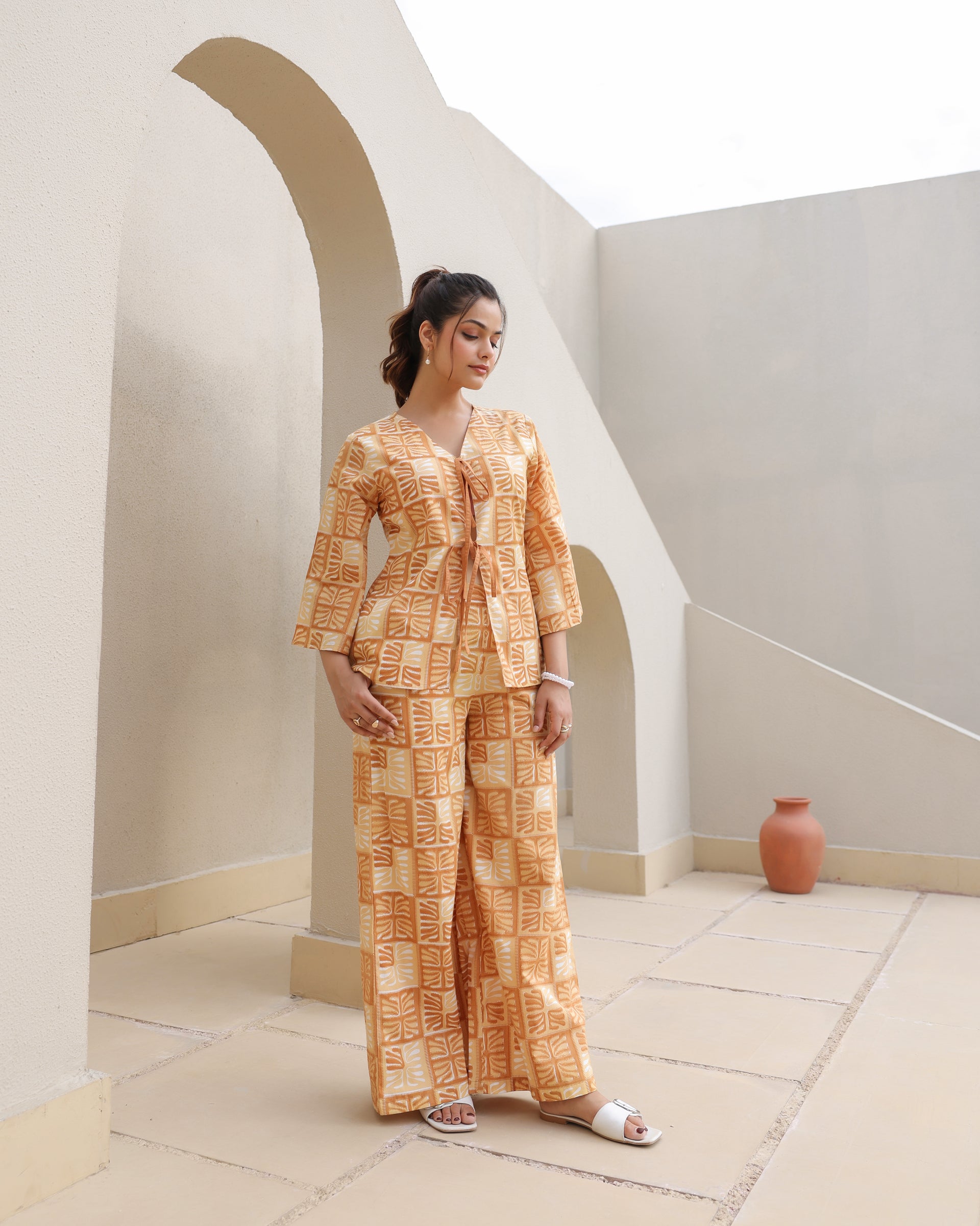 Amber Block Leaf Print Kimono Co-Ord Set