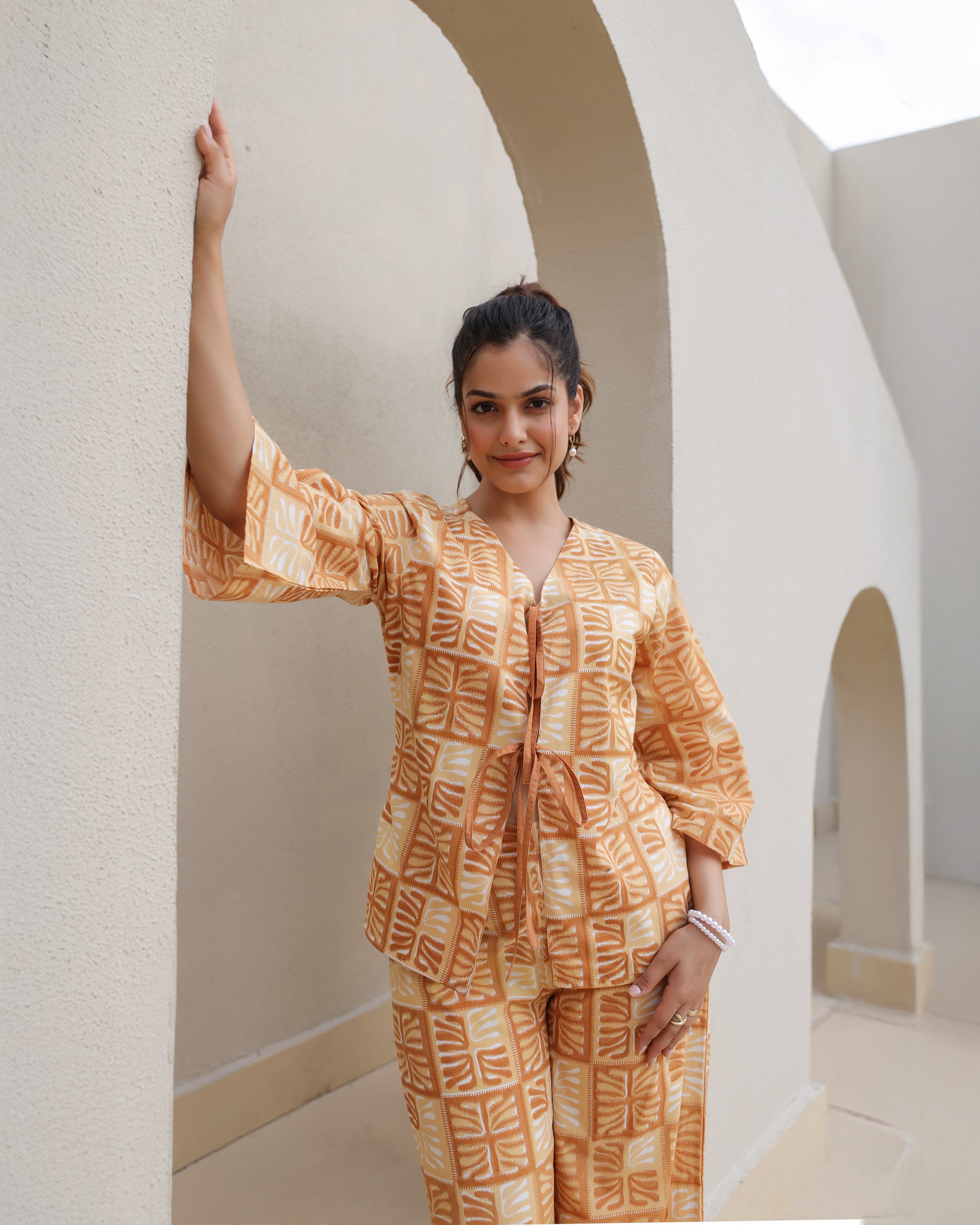 Amber Block Leaf Print Kimono Co-Ord Set