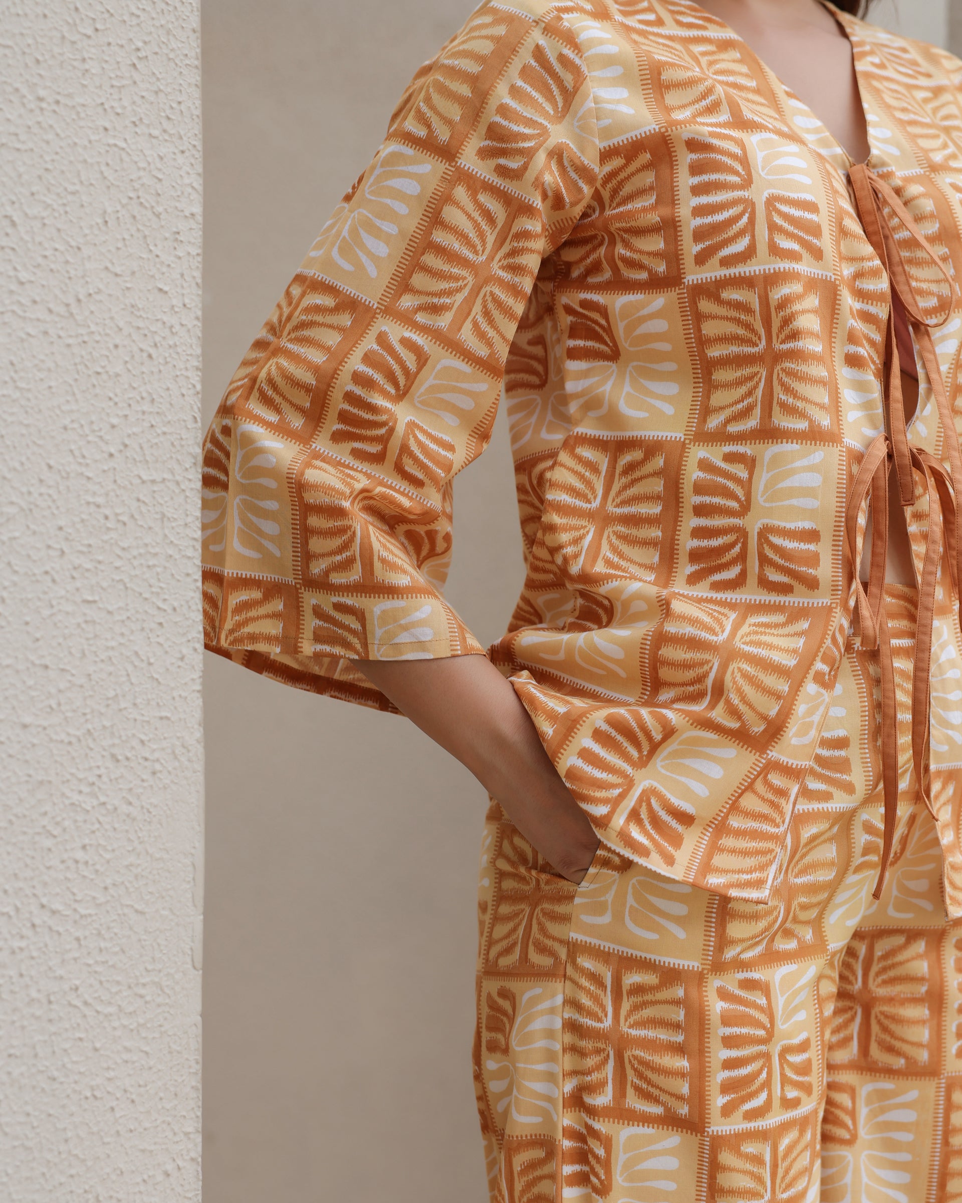 Amber Block Leaf Print Kimono Co-Ord Set