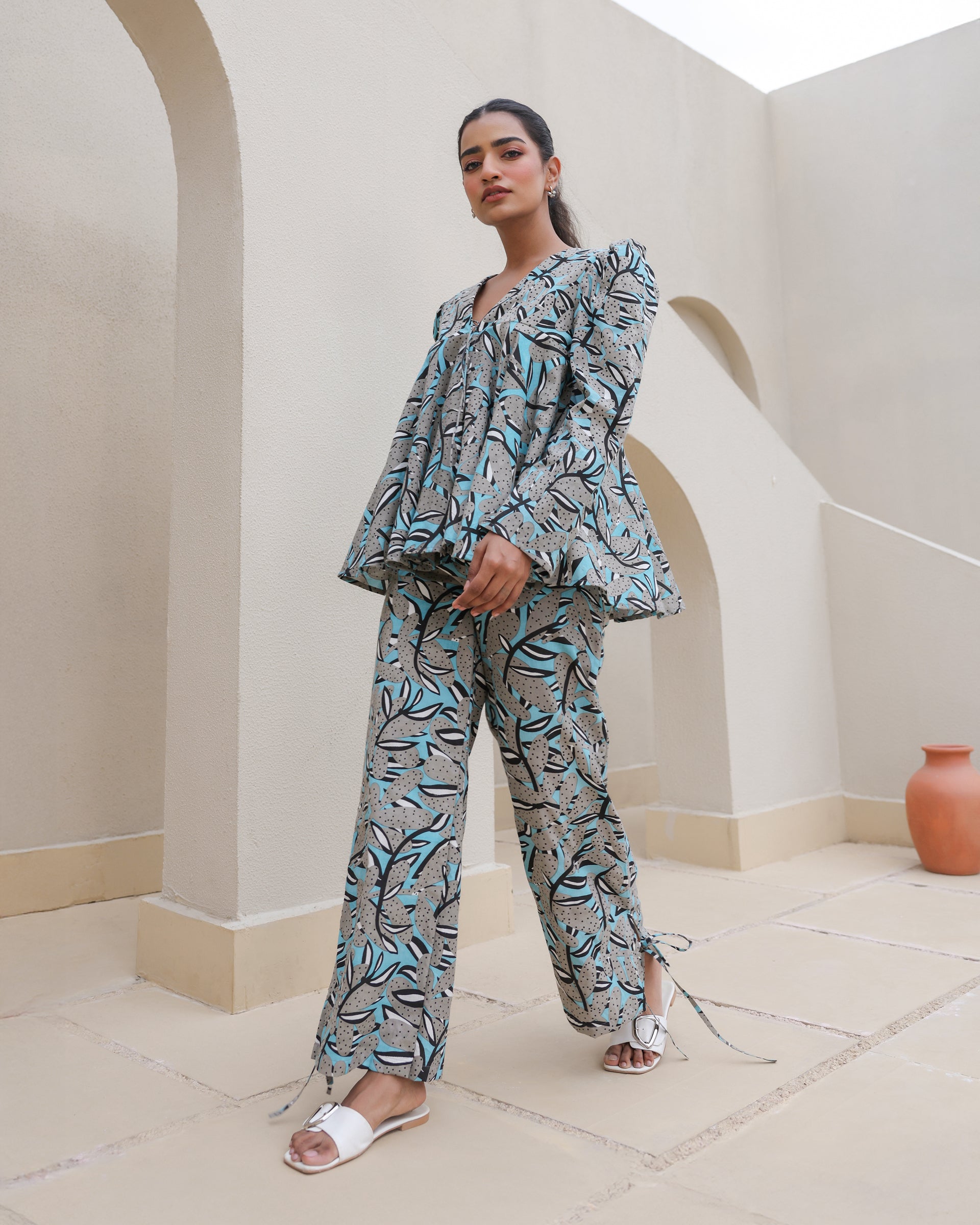 Midnight Tropic Abstract Leaf Flared Co-Ord Set