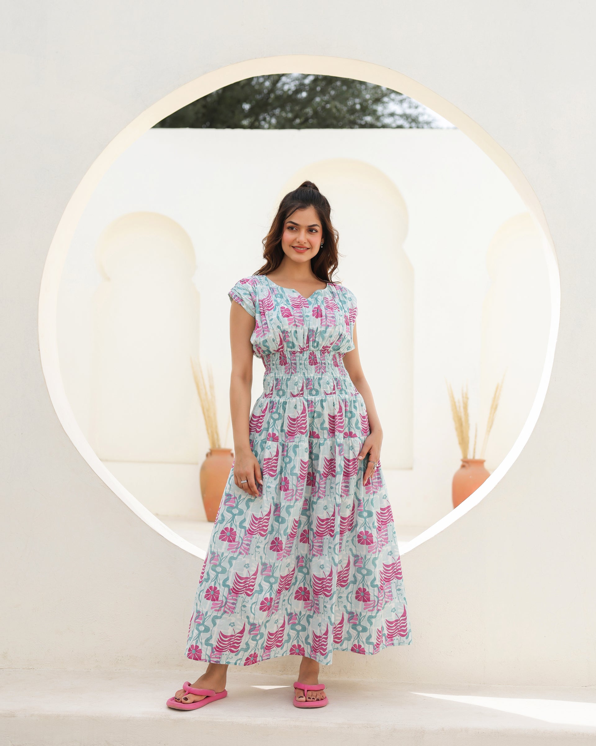 Aqua Bloom Smocked Midi Dress