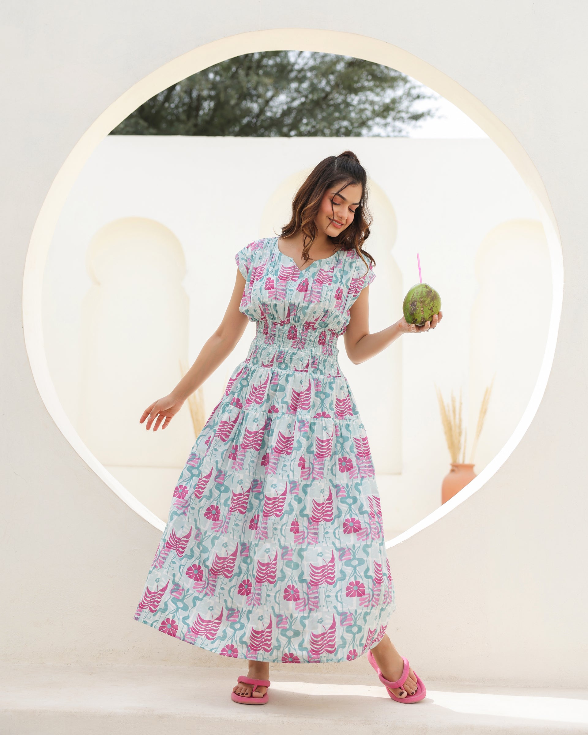 Aqua Bloom Smocked Midi Dress