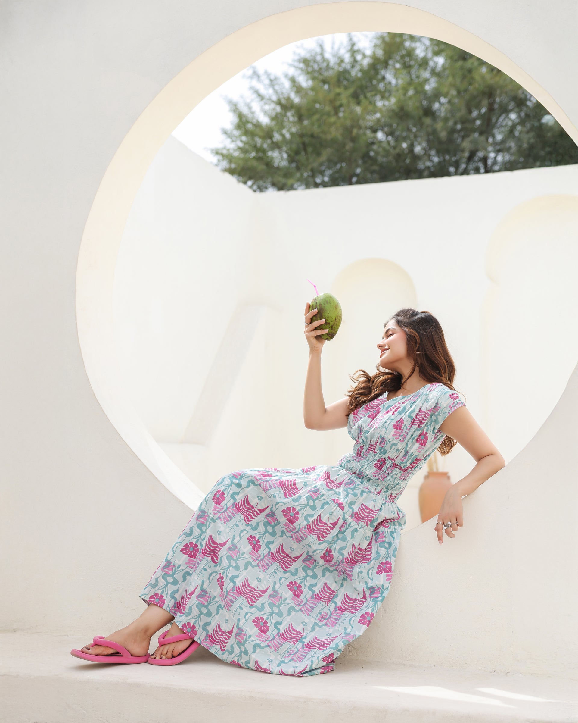 Aqua Bloom Smocked Midi Dress