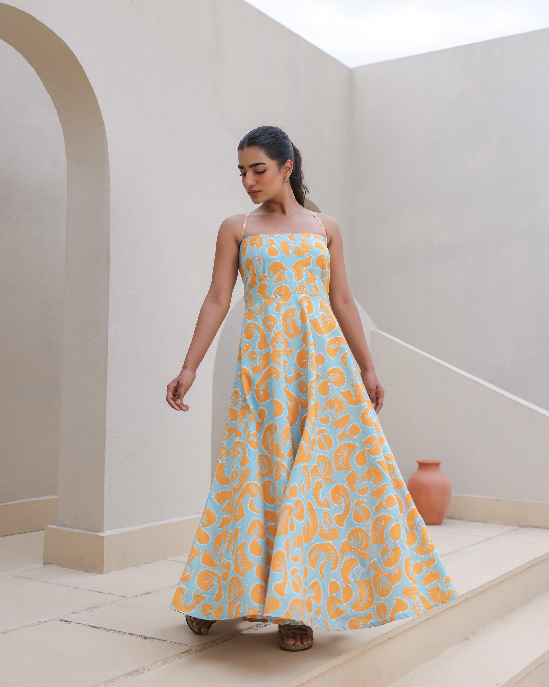 Citrus Pop Leaf Print Spaghetti Strap Flared Dress