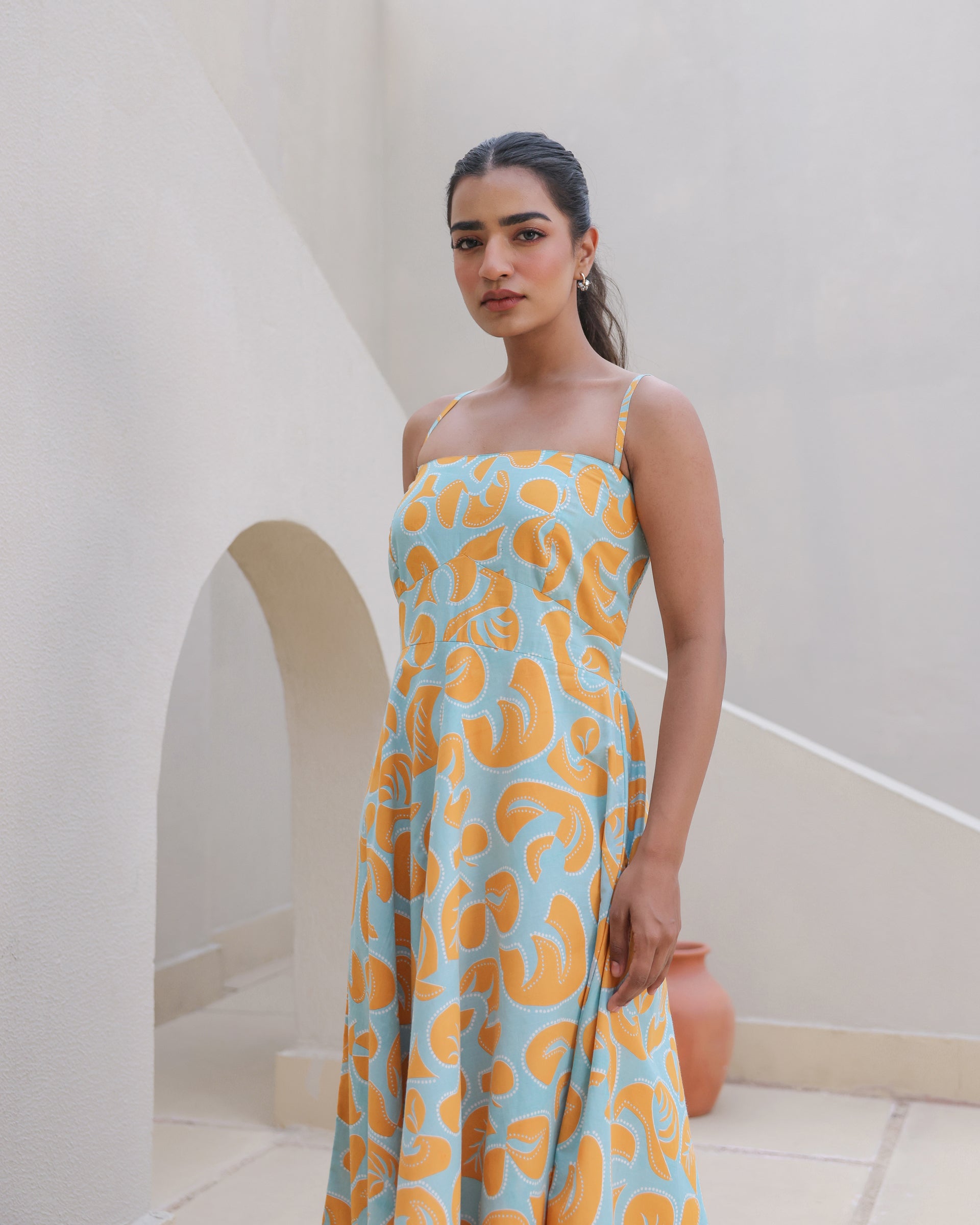 Citrus Pop Leaf Print Spaghetti Strap Flared Dress