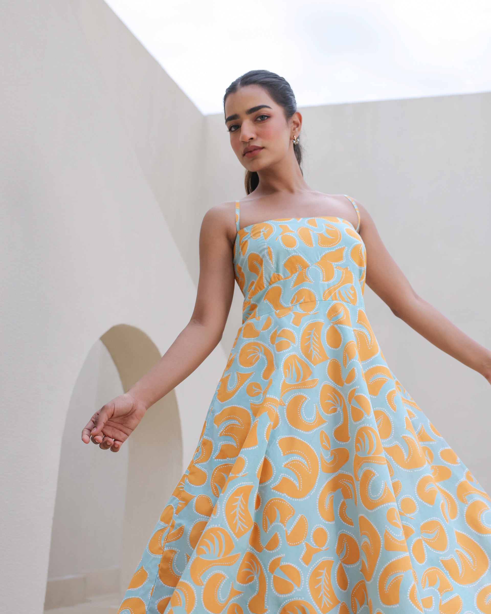 Citrus Pop Leaf Print Spaghetti Strap Flared Dress