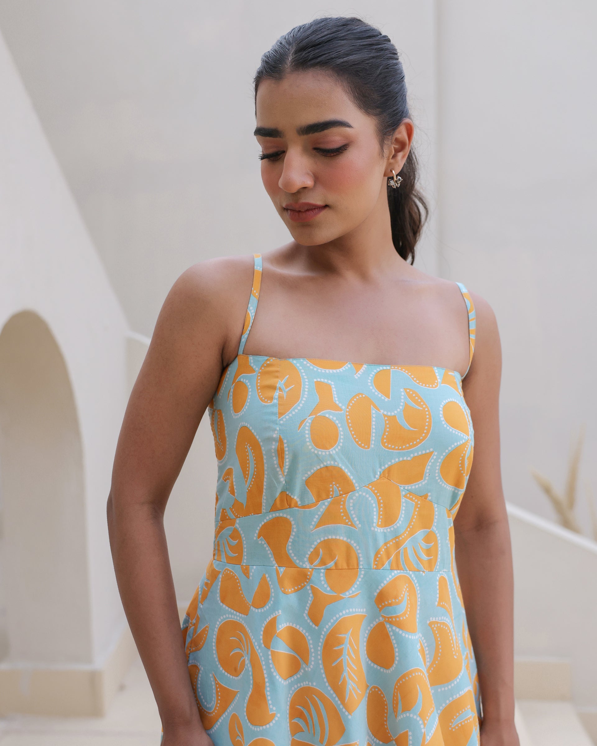Citrus Pop Leaf Print Spaghetti Strap Flared Dress