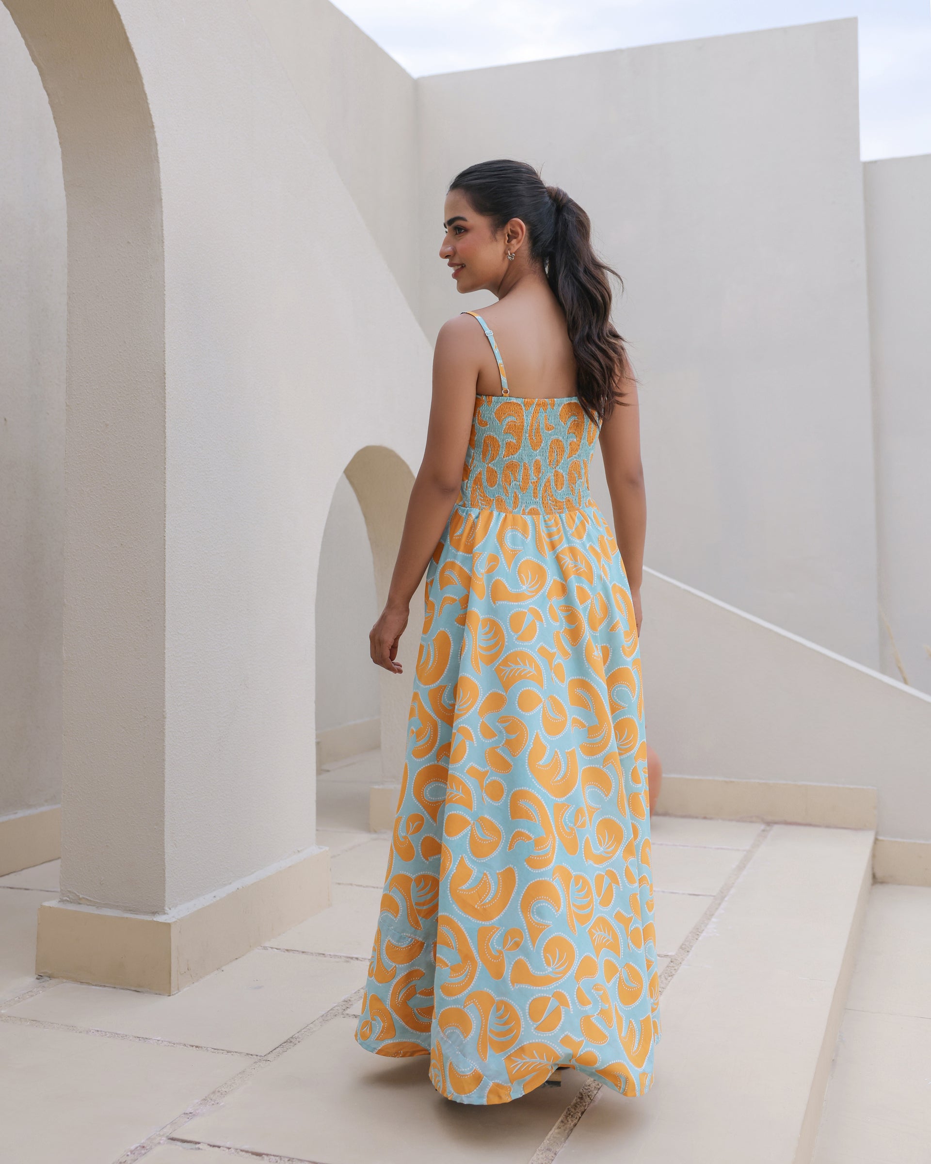 Citrus Pop Leaf Print Spaghetti Strap Flared Dress