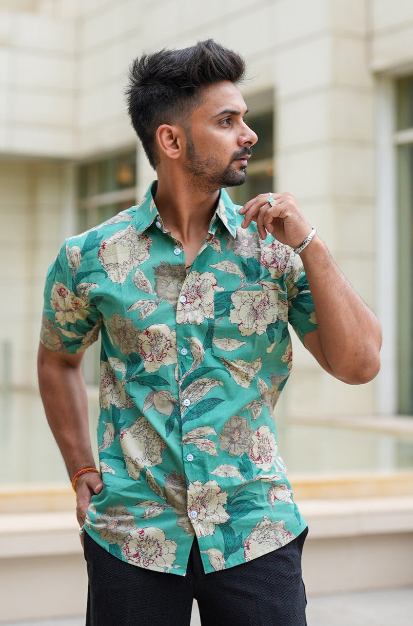 Aqua Green Monsoon Floral Cotton Shirt