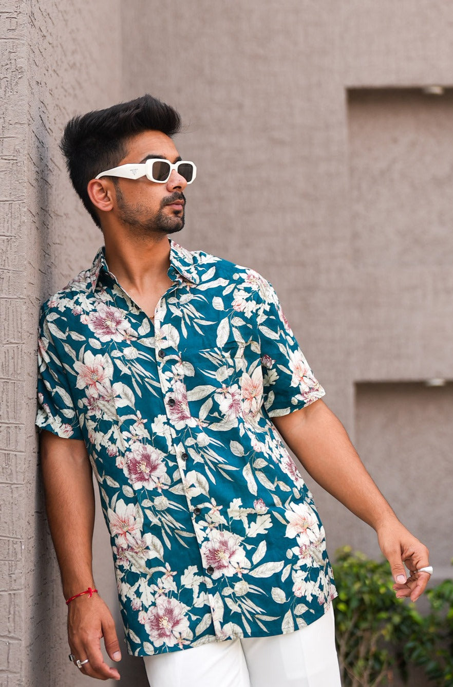 Wild Flower Dark Blue Cotton Shirt
